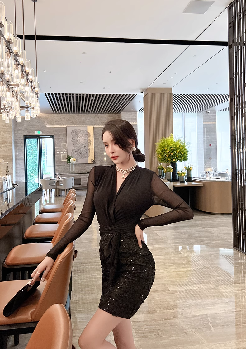 16525-Đầm body tiệc  tay dài cổ chéo eo thắt nơ ( thun lưới, ren hoa )_thumbnail_2