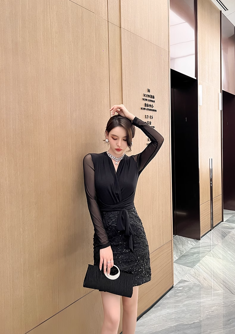 16525-Đầm body tiệc  tay dài cổ chéo eo thắt nơ ( thun lưới, ren hoa )_thumbnail_0