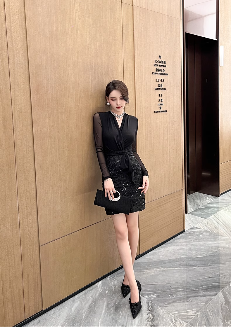 16525-Đầm body tiệc  tay dài cổ chéo eo thắt nơ ( thun lưới, ren hoa )_thumbnail_1