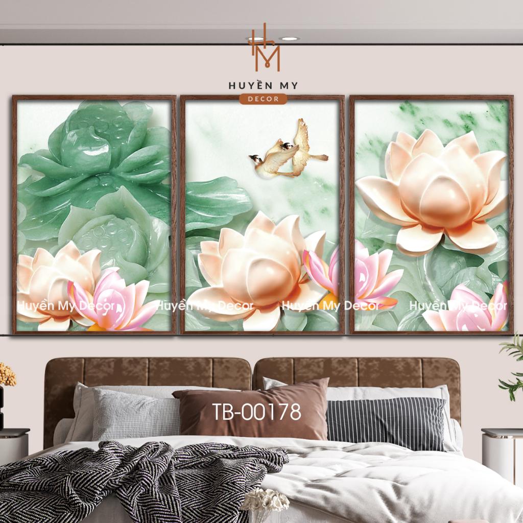 Bộ 3 Tranh Hoa Sen Canvas Cao Cấp, Trang Trí Phòng Khách, Phòng Thờ, Phòng Làm Việc- Huyền My Decor