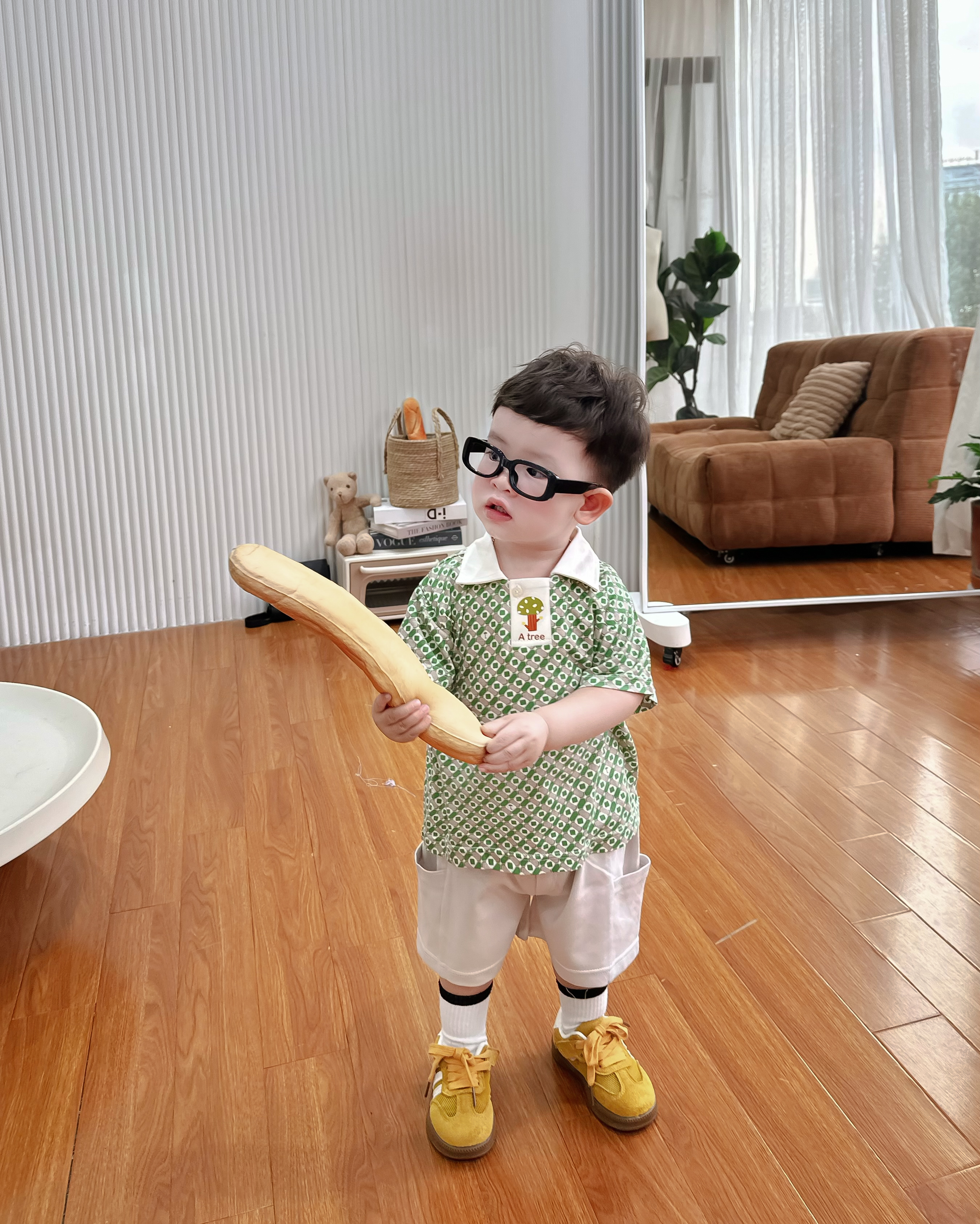 SB2277- bộ polo chấm tròn kẻ phối cổ nẹp, in cây ở nẹp