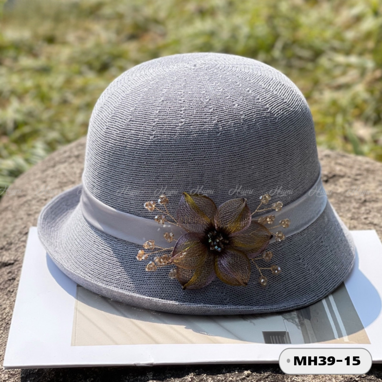 MŨ VISCOSE NƠ HOA THỦ CÔNG (MH39-15 GHI)