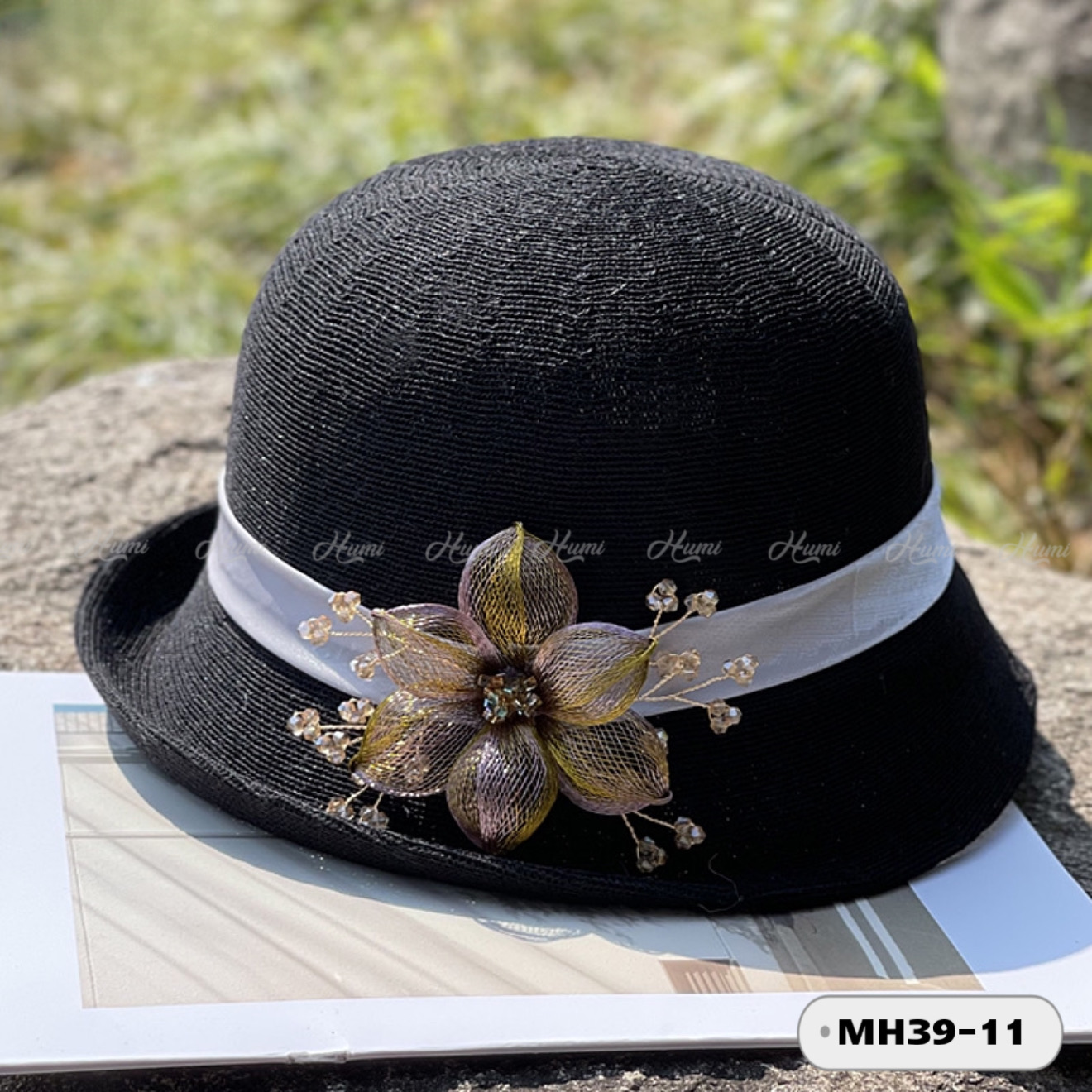 MŨ VISCOSE NƠ HOA THỦ CÔNG (MH39-11 ĐEN)