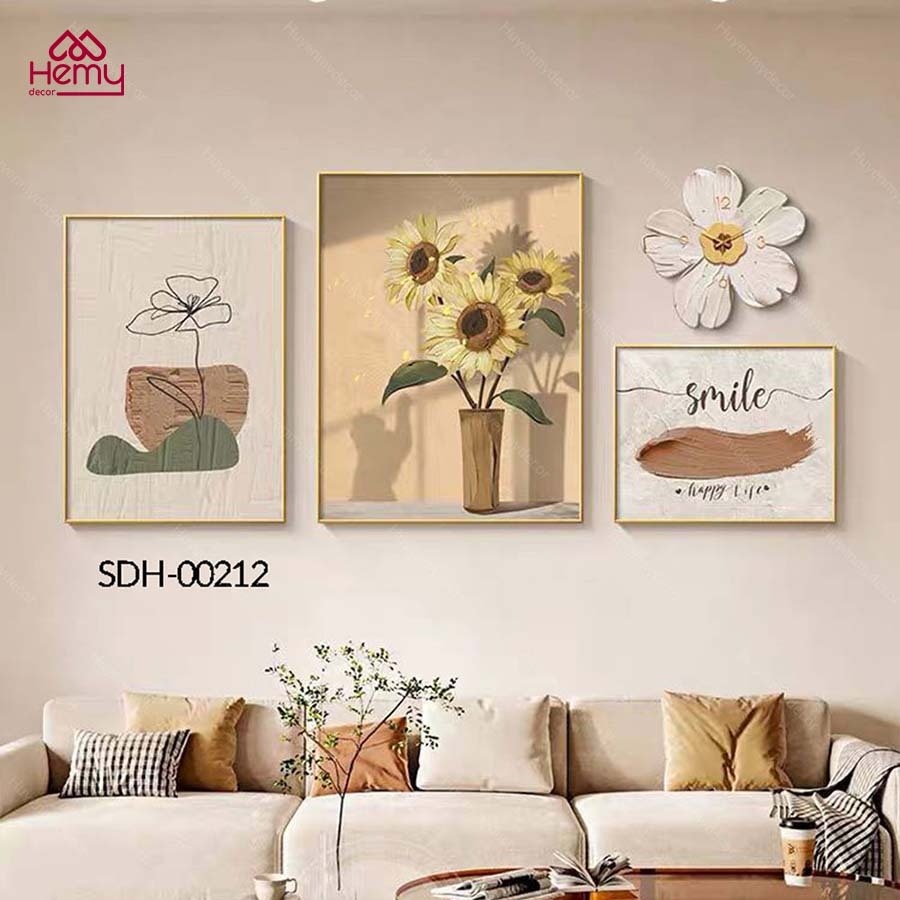 Set 4 Tranh Đồng Hồ 3D Treo Tường Lụa Kim Sa, Trang Trí Phòng Khách, Spa, Showroom - HeMy Decor
