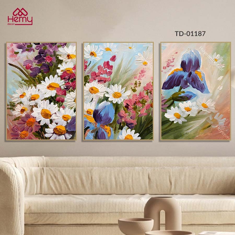 Tranh Bộ 3 Canvas Chủ Đề Hoa Lá Nghệ Thuật, Tranh Hoa Treo Tường Trang Trí Phòng Khách Phòng Ngủ, Spa - HeMy Decor
