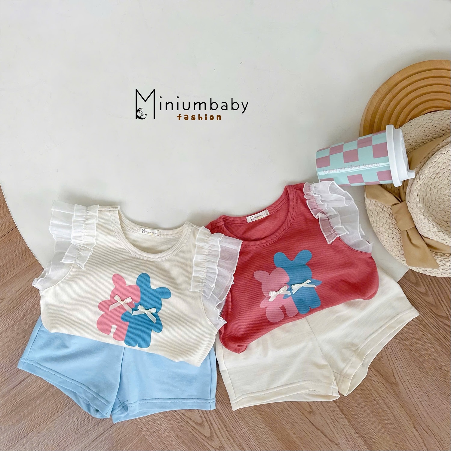 SB2313- bộ cánh tiên bé gái in gấu xanh hồng đính nơ