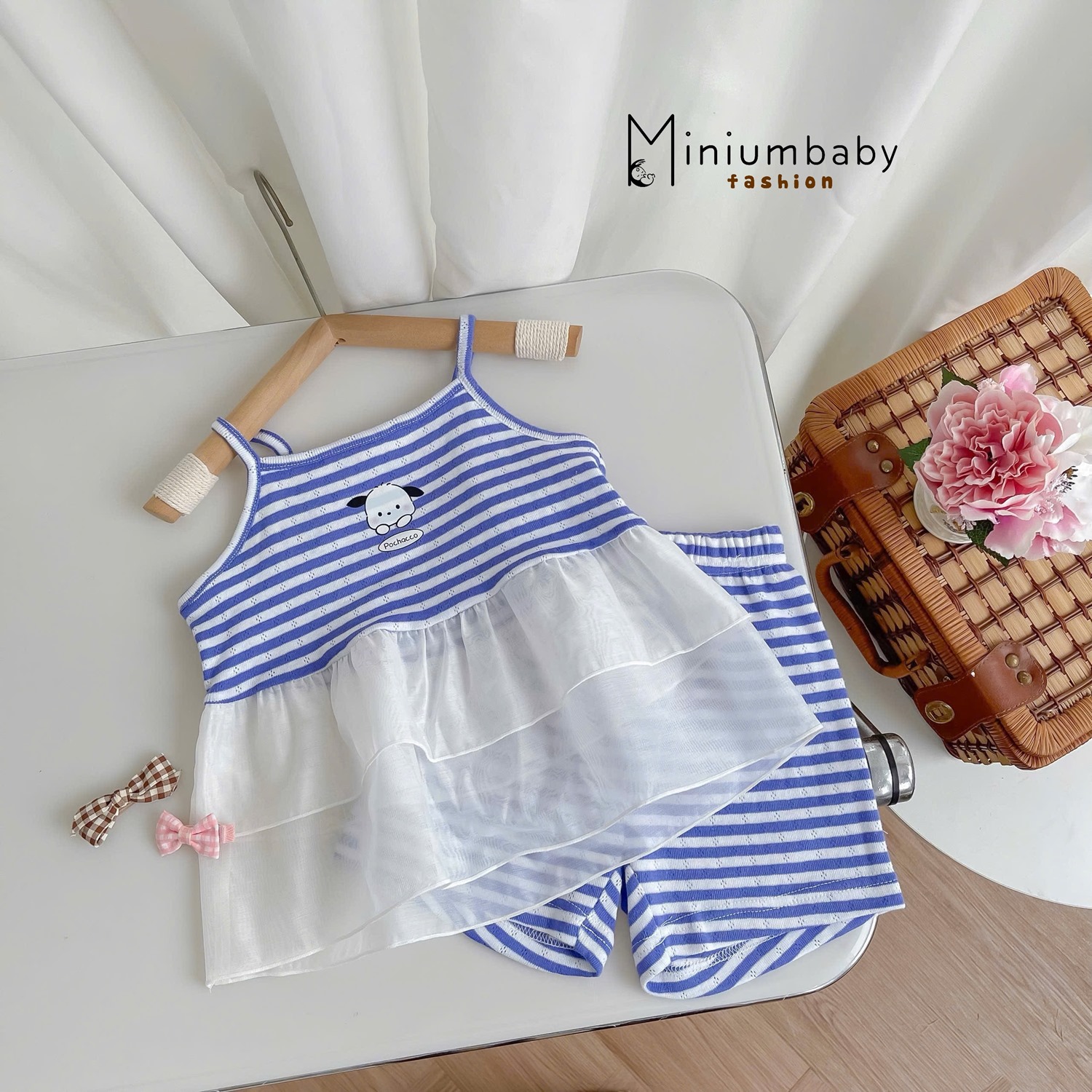 SB2312- bộ hai dây kẻ phối vạt 2 tầng in thỏ, cún xanh