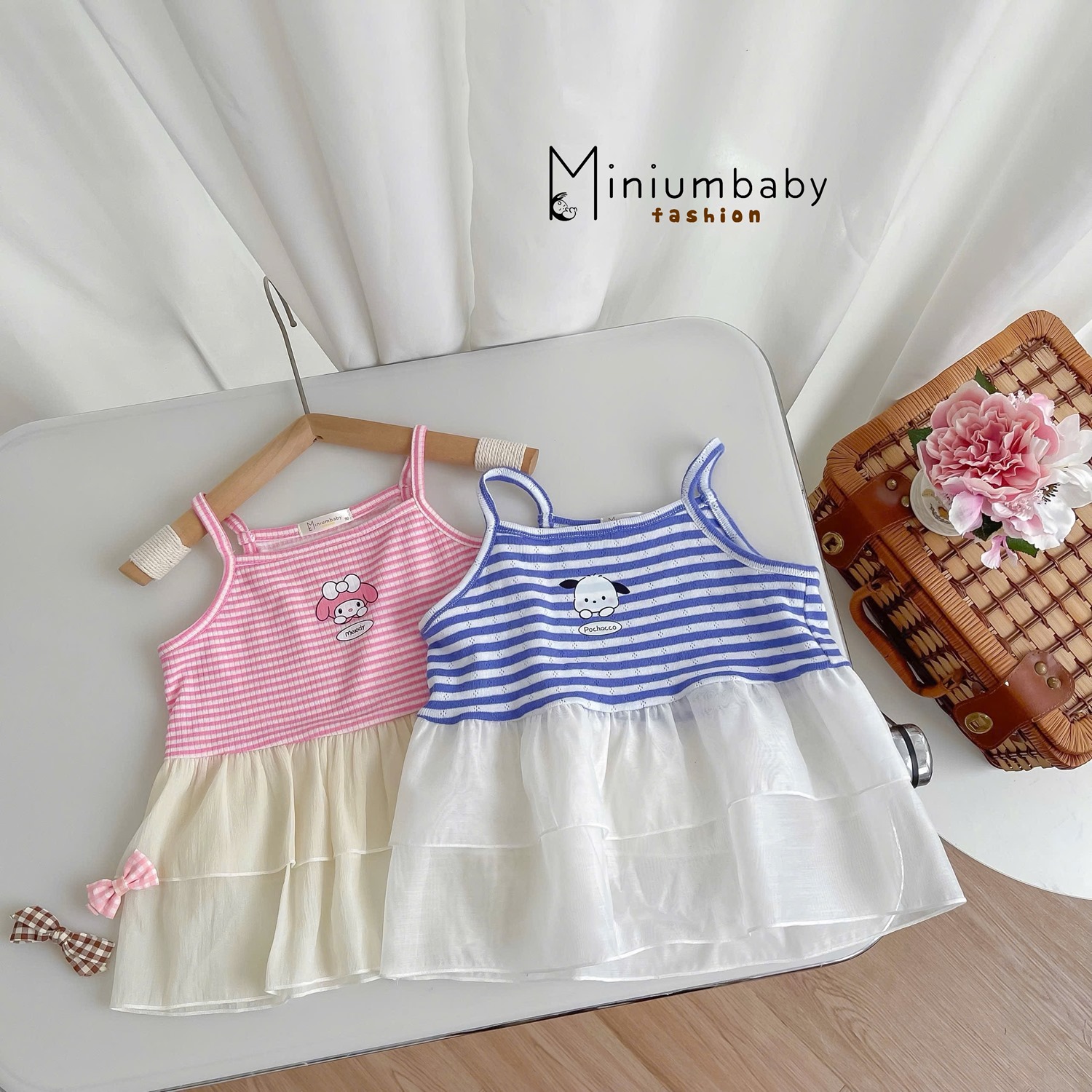 SB2312- bộ hai dây kẻ phối vạt 2 tầng in thỏ, cún