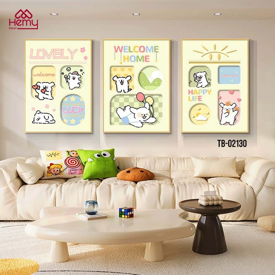 Bộ 3 Tranh Phòng Bé , Tranh Nghệ Thuật Hiện Đại Chất Liệu Lụa Kim Sa Cao Cấp, Decor Phòng Ngủ - HeMy Decor