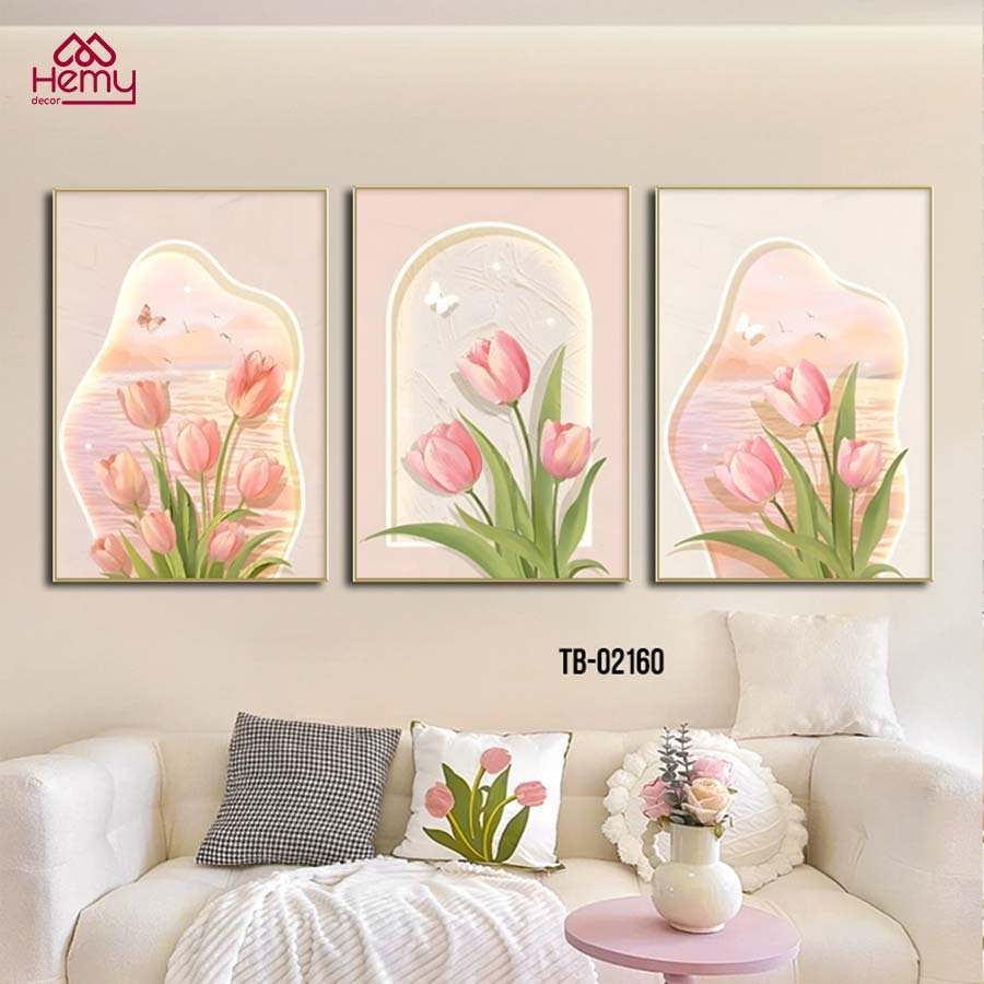 Bộ 3 Tranh Treo Tường Canvas, Lụa Kim Sa Phong Cách Hiện Đại, Decor Phòng Khách, Phòng Ngủ, Spa - HeMy Decor