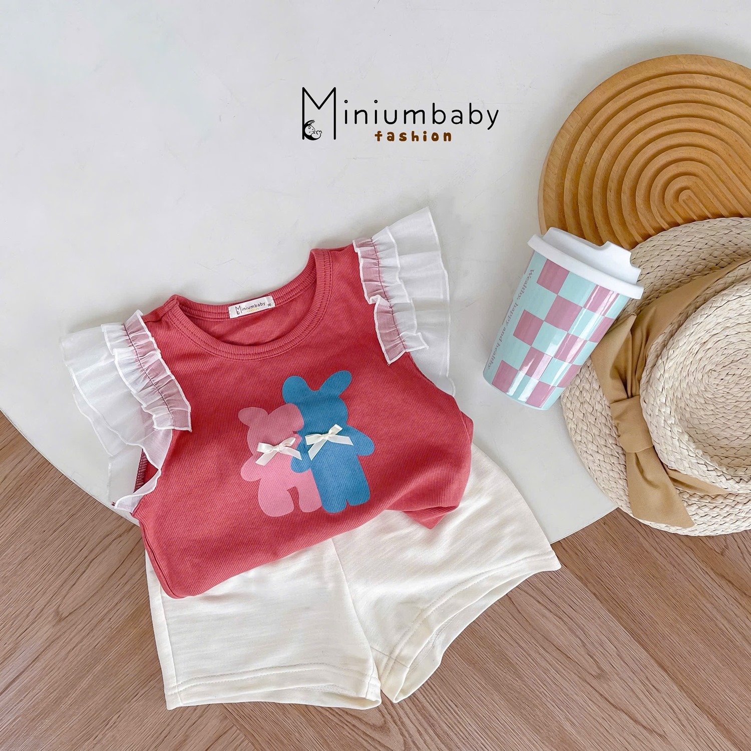 SB2313- bộ cánh tiên bé gái in gấu xanh hồng đính nơ hồng