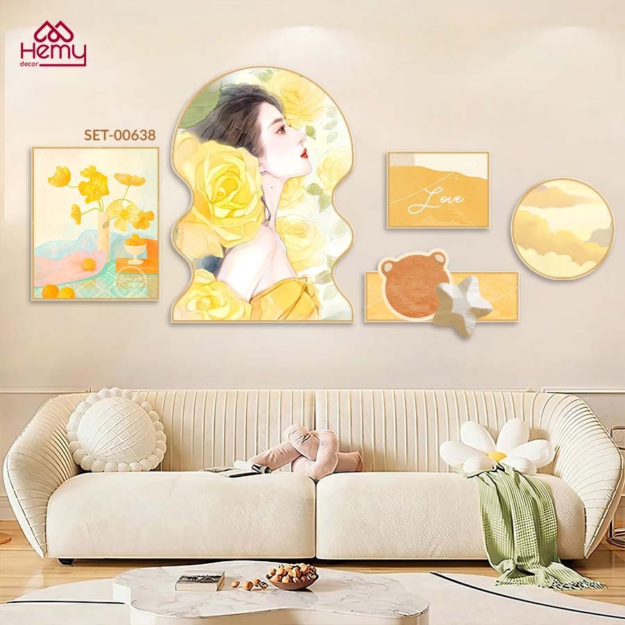 Set 5 Tranh Dán Tường Hoa Lá, Cô Gái Nghệ Thuật, Decor Hiện Đại, Trang Trí Phòng Khách, Phòng Ngủ, Spa, Tiệm Nails