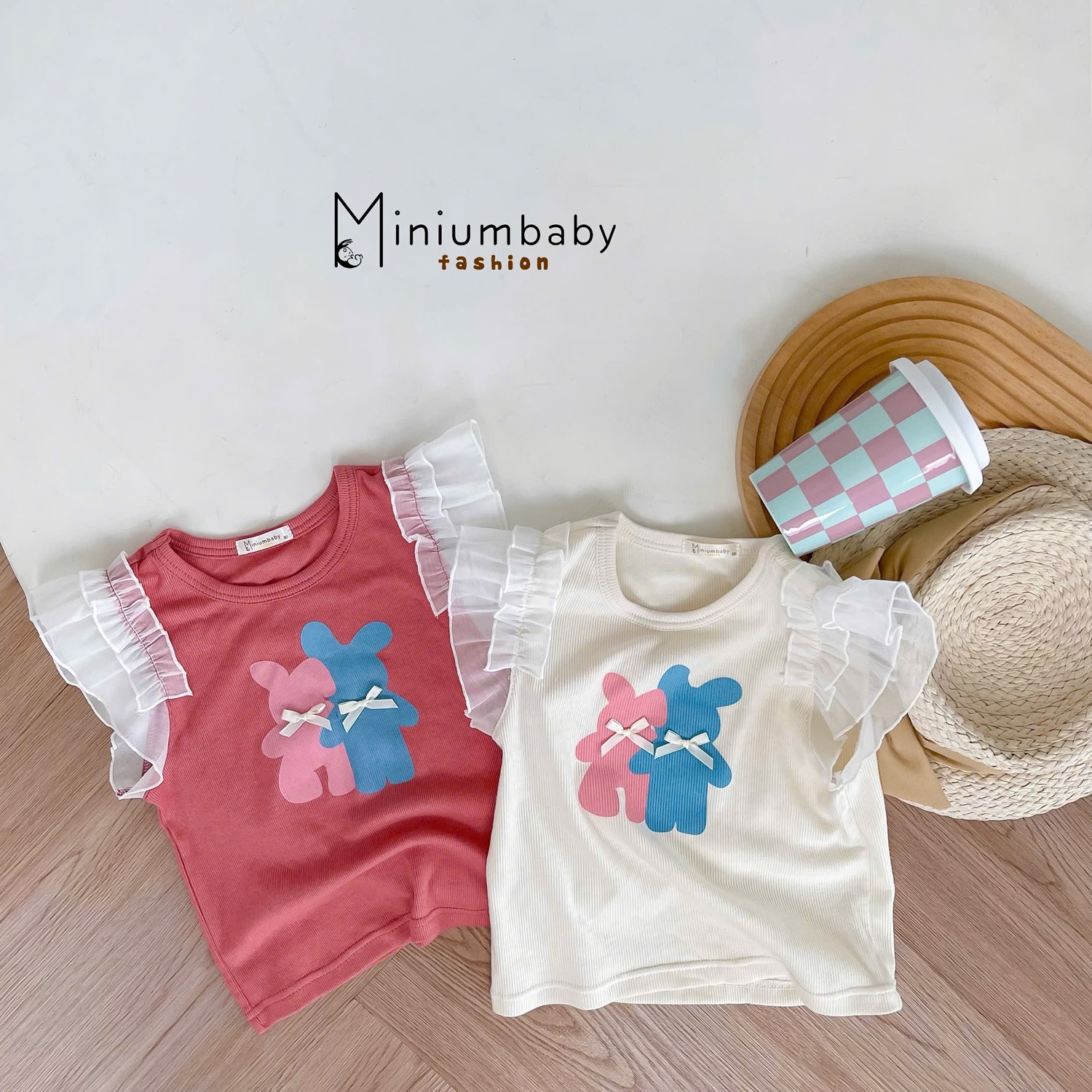 SB2313- bộ cánh tiên bé gái in gấu xanh hồng đính nơ