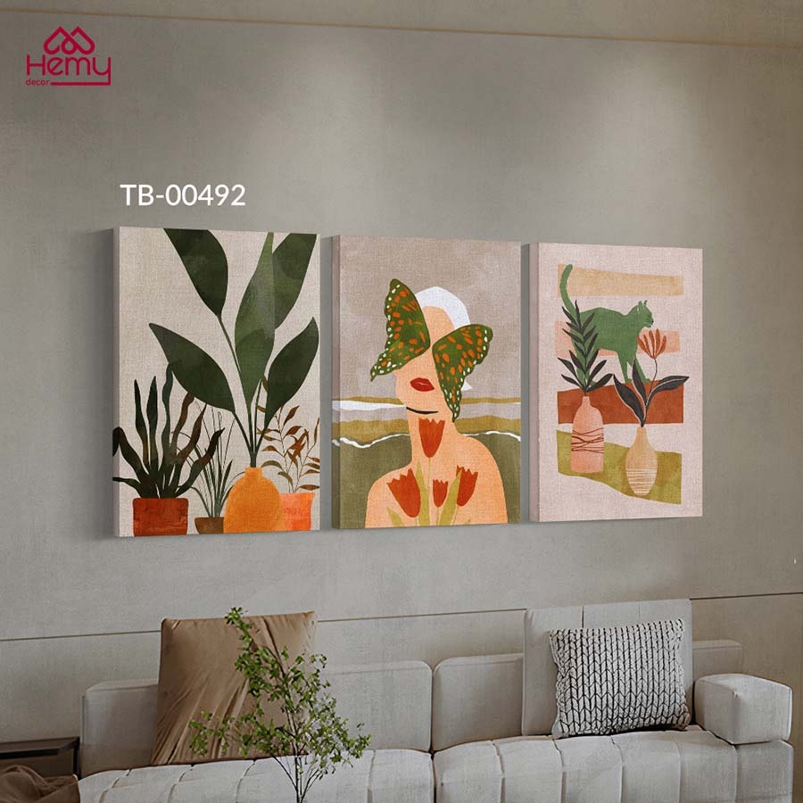 Tranh Bộ 3 Canvas Chủ Đề Hoa Lá Nghệ Thuật, Tranh Hoa Treo Tường Trang Trí Phòng Khách Phòng Ngủ, Spa - HeMy Decor