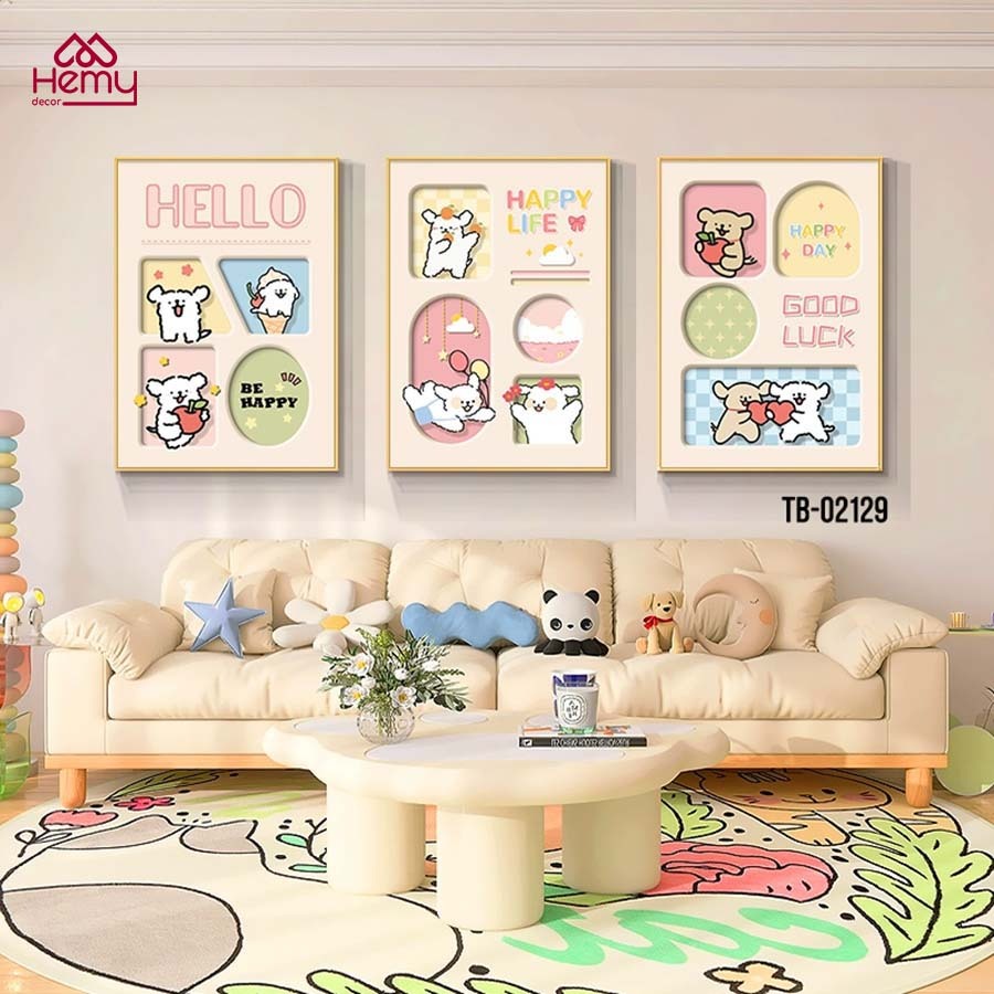 Bộ 3 Tranh Phòng Bé , Tranh Nghệ Thuật Hiện Đại Chất Liệu Lụa Kim Sa Cao Cấp, Decor Phòng Ngủ - HeMy Decor
