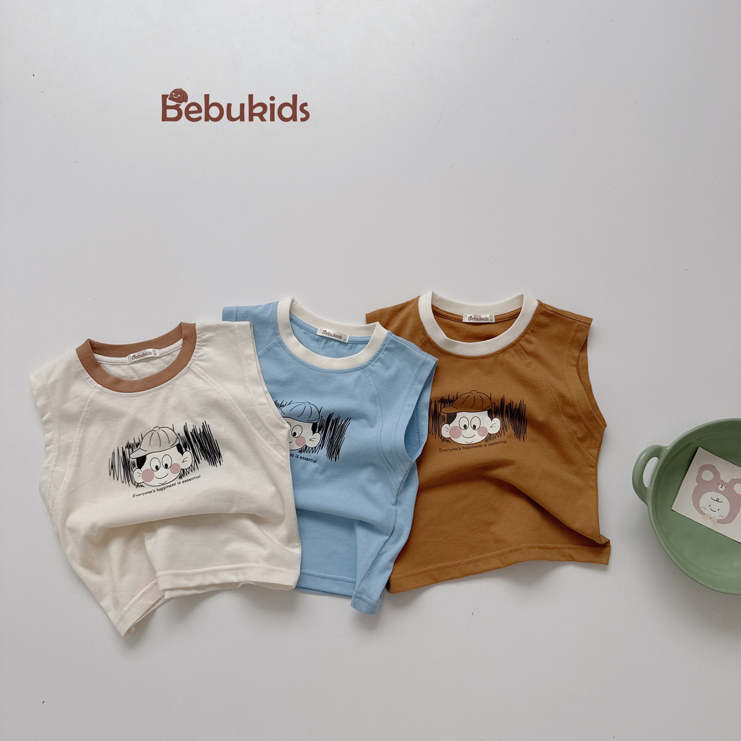SB2309-bộ sát nách bé trai in bé trai đội mũ