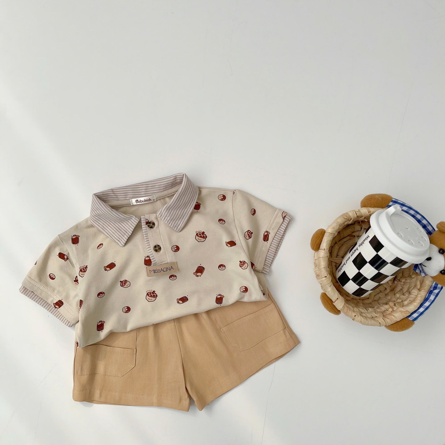 SB2122- bộ polo phối cổ tay nẹp, in họa tiết ngôi nhà, bánh quy bánh cổ trắng