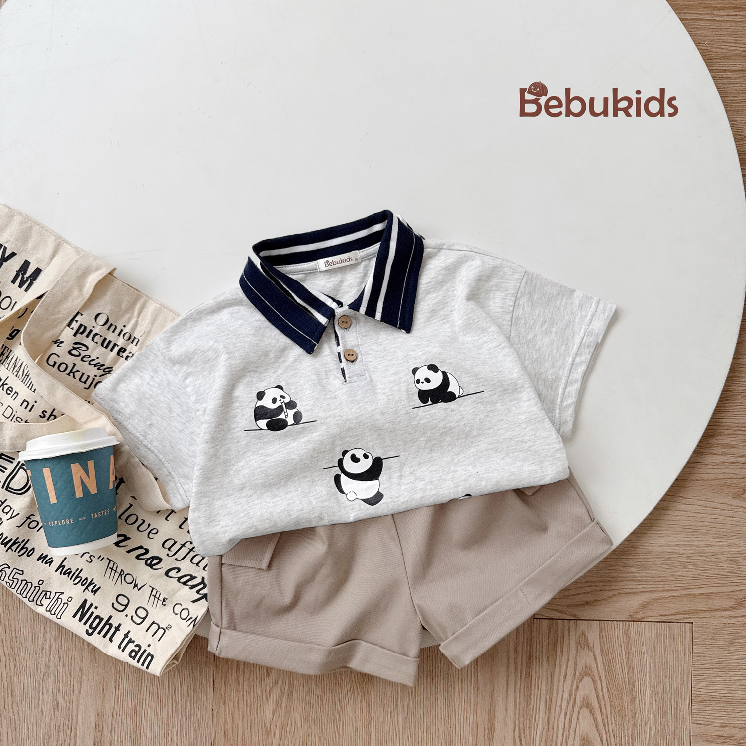 SB2243- bộ polo cộc cổ kẻ in  gấu trúc ghi1