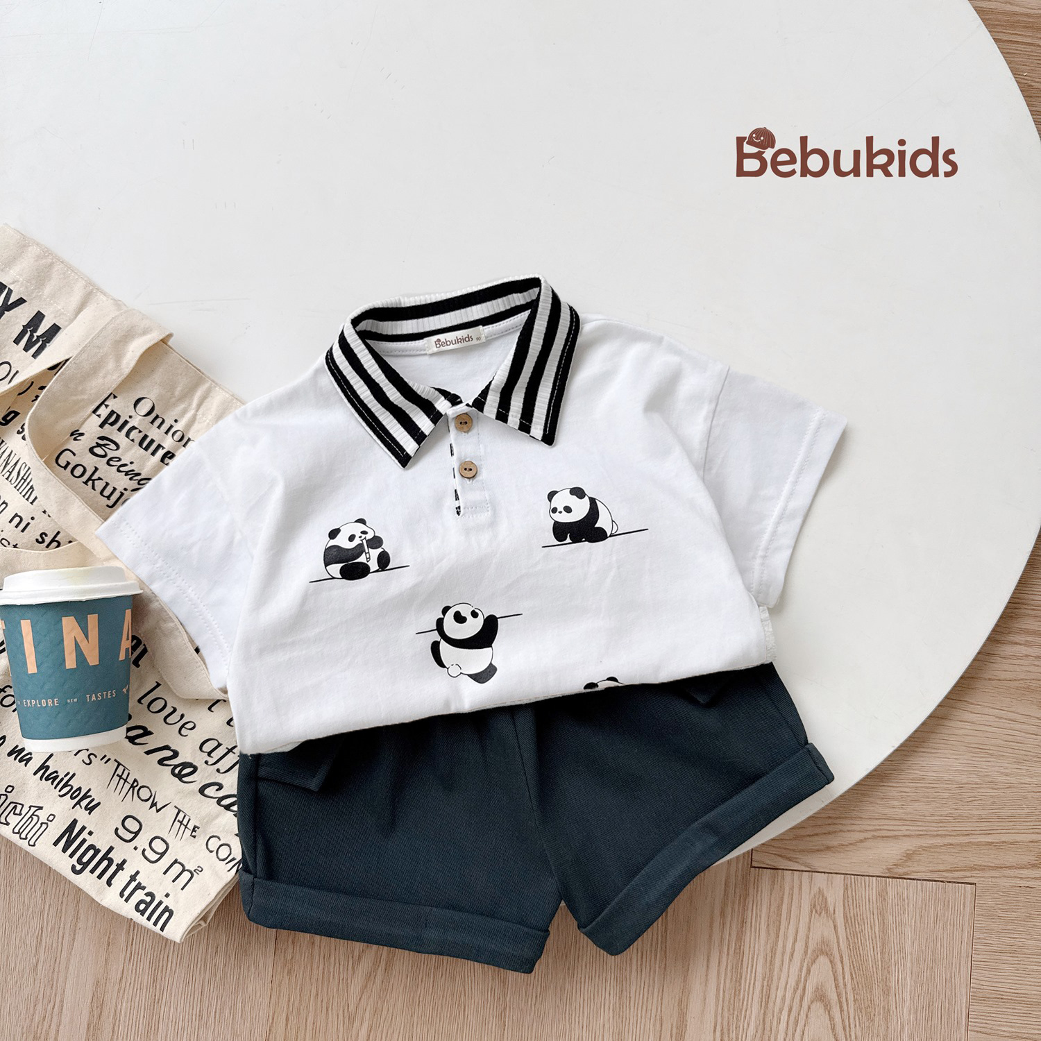 SB2243- bộ polo cộc cổ kẻ in  gấu trúc trắng2