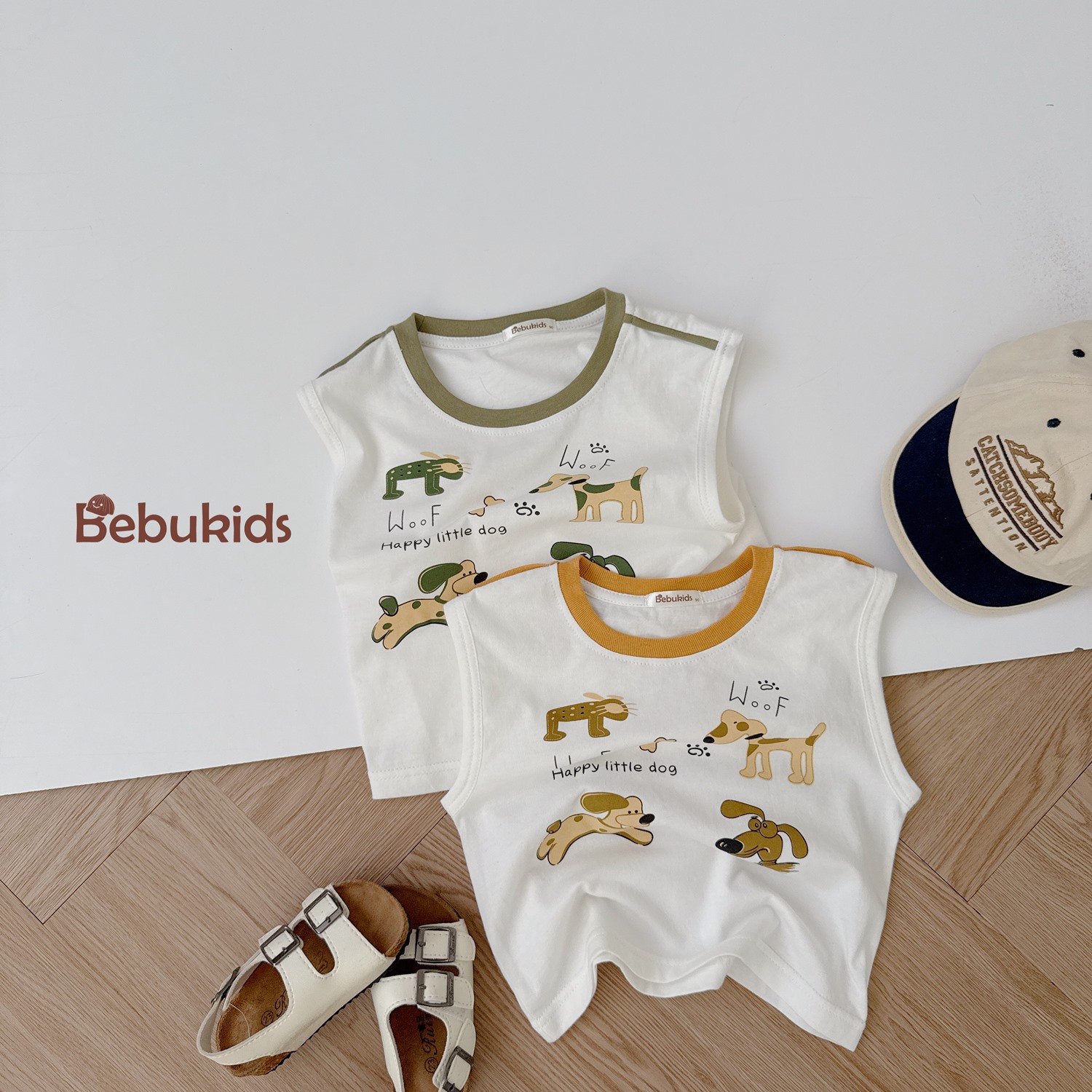 SB2323- bộ sát nách bé trai in 4 chú cún,chữ woof