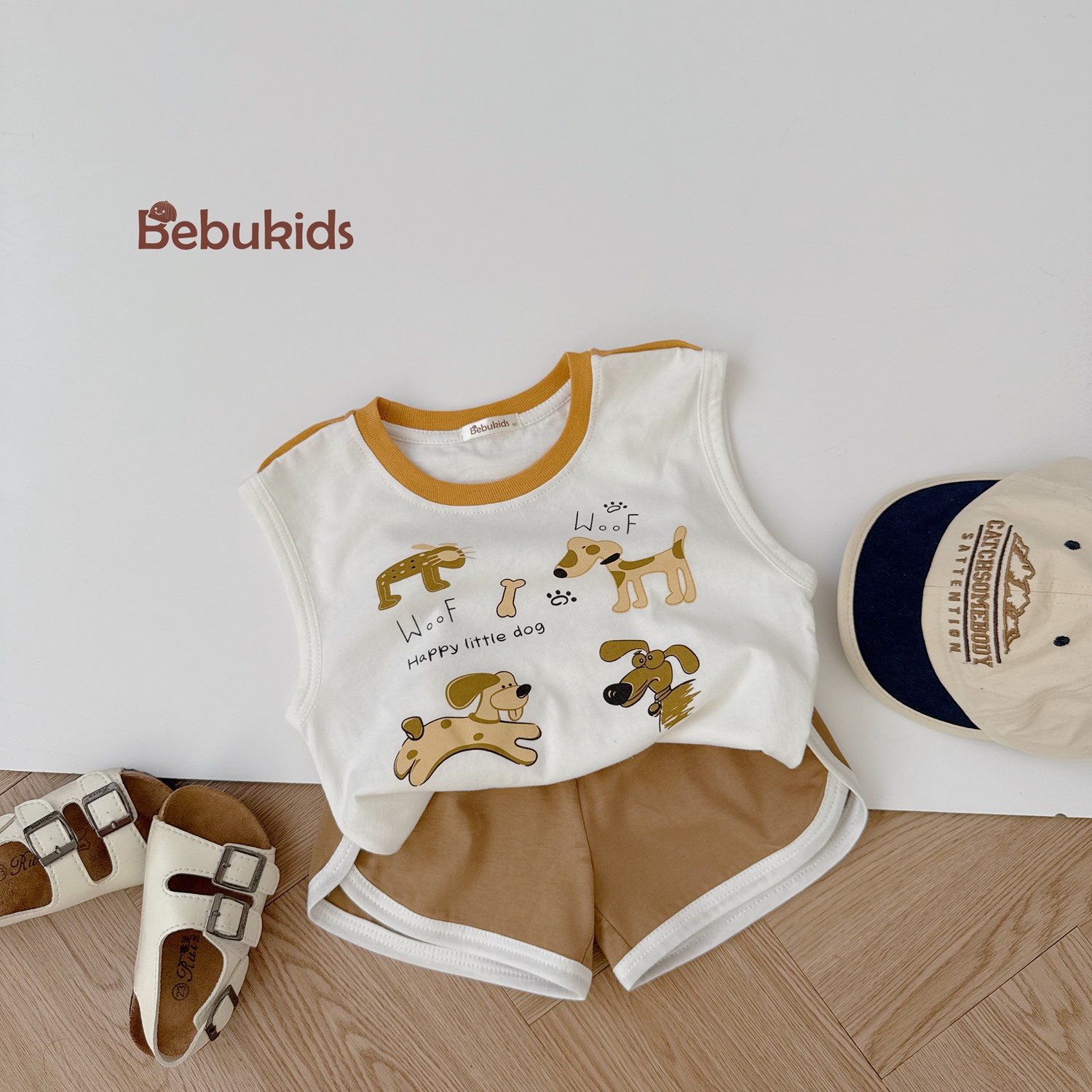 SB2323- bộ sát nách bé trai in 4 chú cún,chữ woof cổ nâu