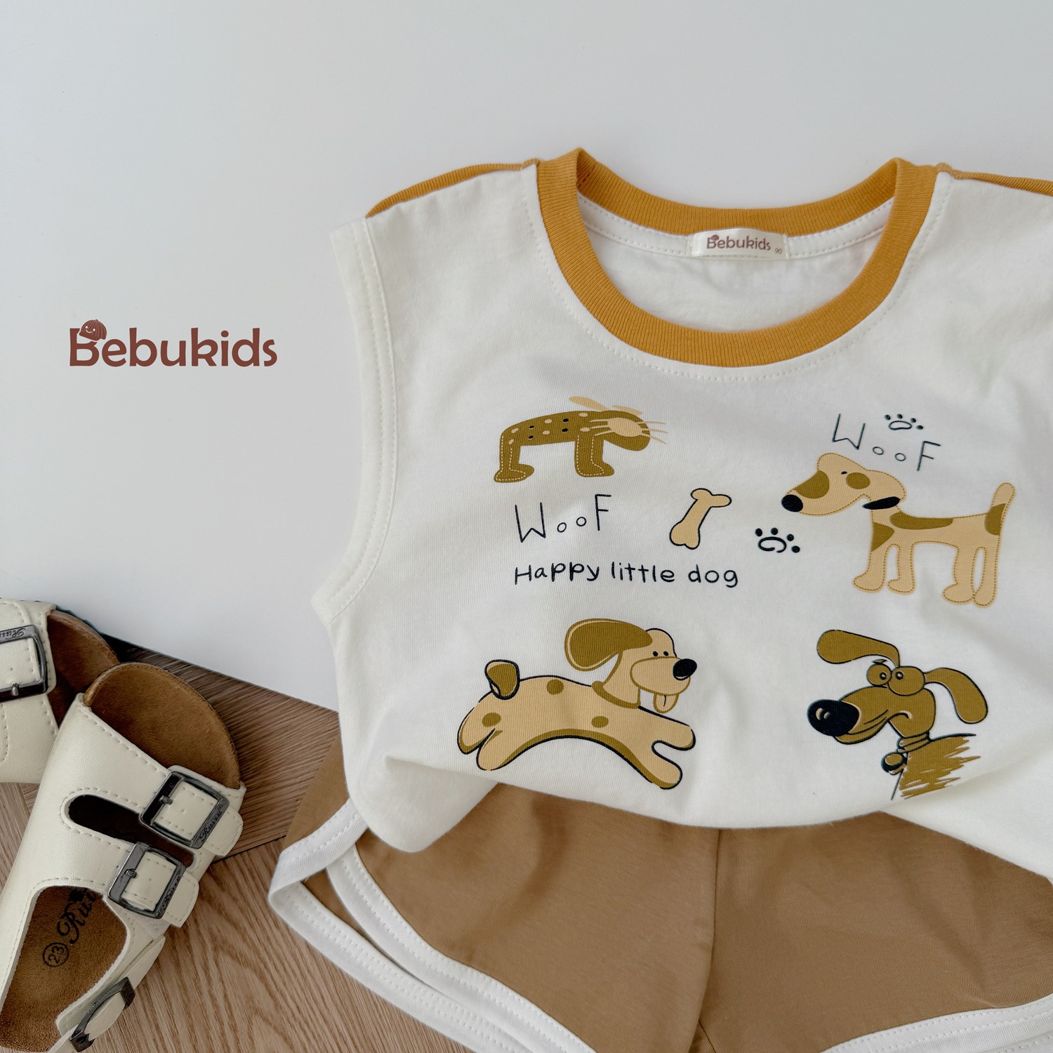 SB2323- bộ sát nách bé trai in 4 chú cún,chữ woof