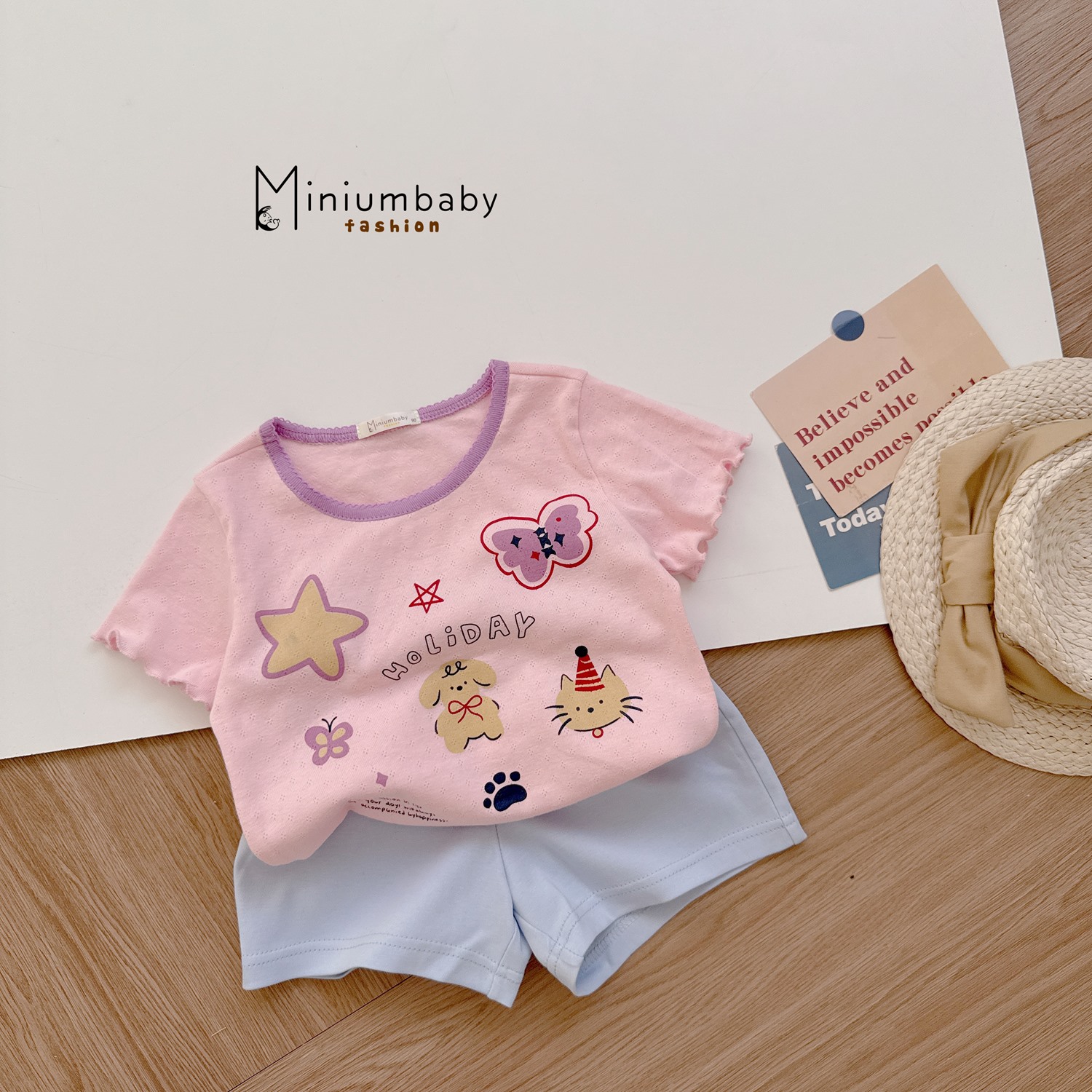SB2320- bộ cộc tay viền bèo in sao, bướm, cún, holiday hồng