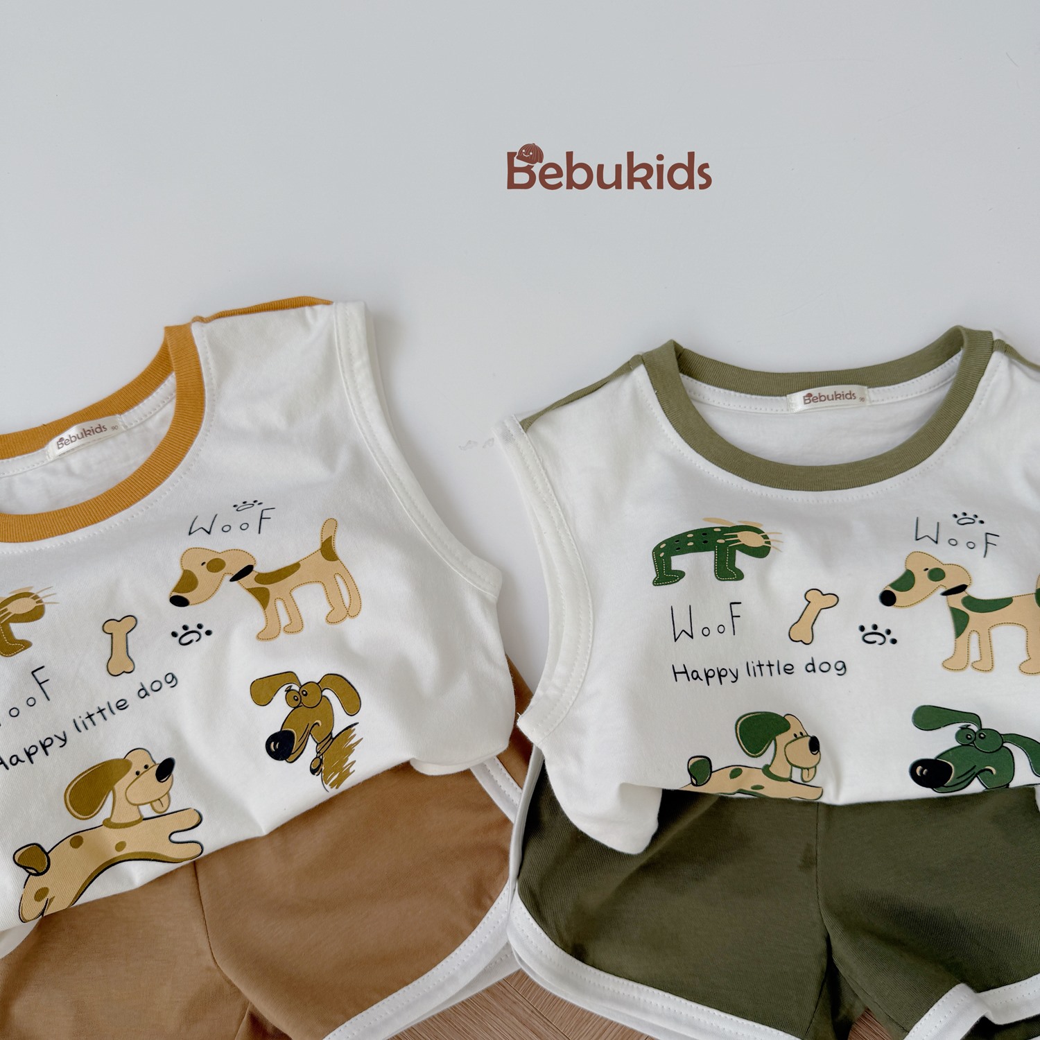 SB2323- bộ sát nách bé trai in 4 chú cún,chữ woof
