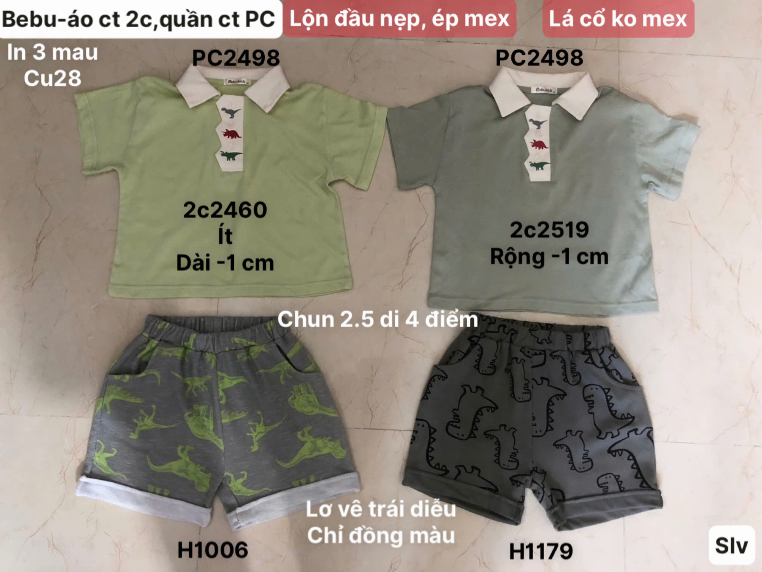SB2251- bộ polo nẹp sóng in 3 khủng long xanh lá