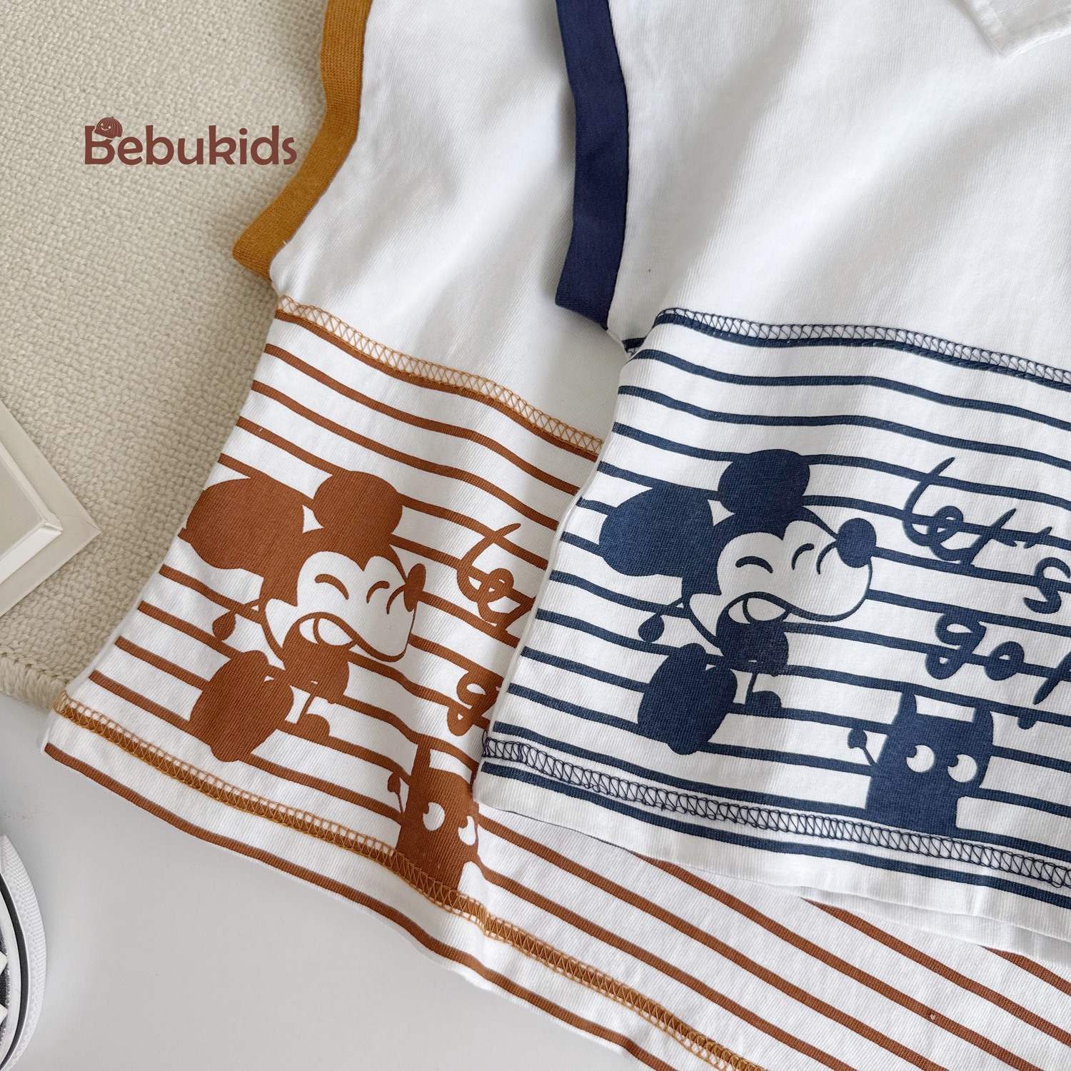 SB2345- bộ polo bé trai phối kẻ thân dưới in chuotọ mickey, let go