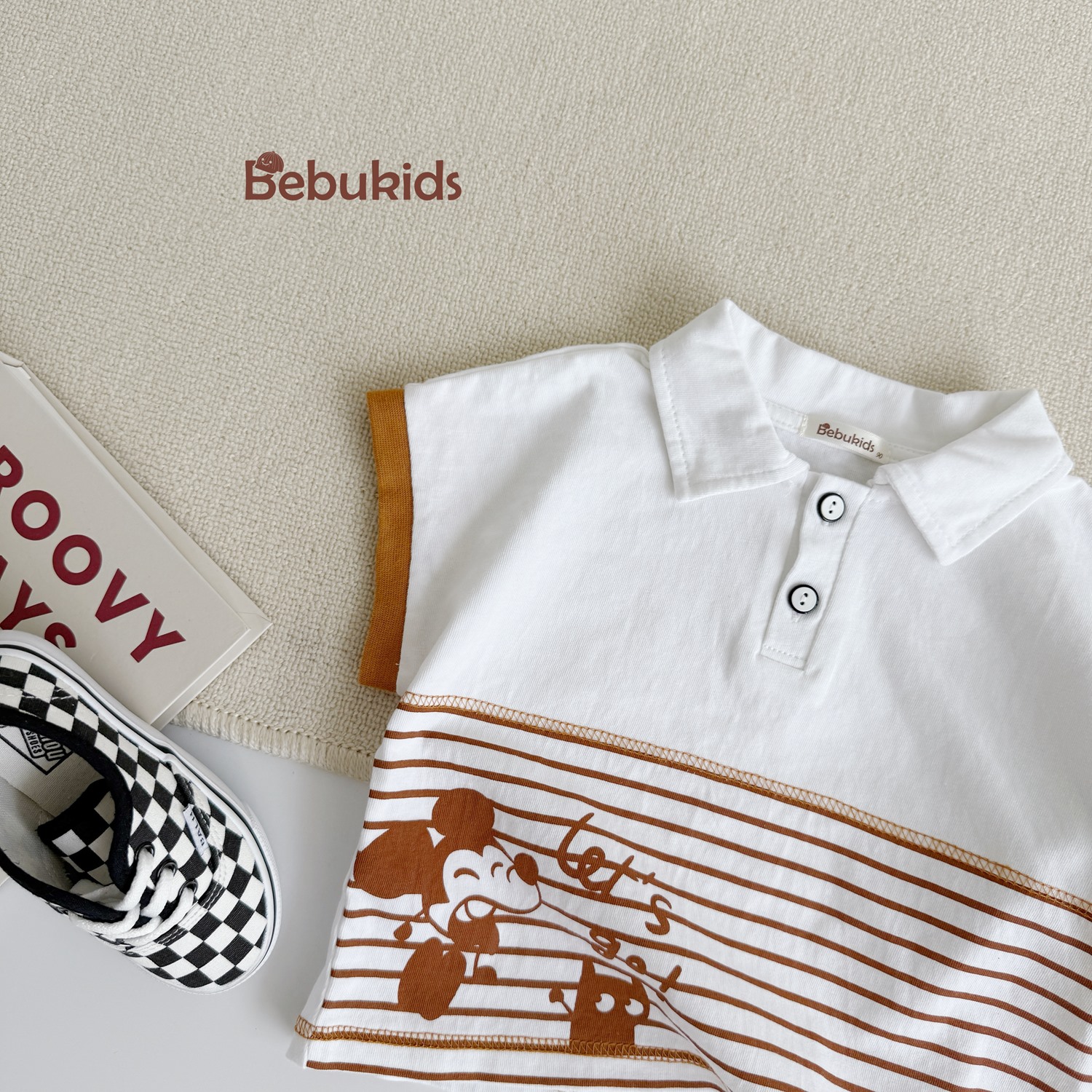 SB2345- bộ polo bé trai phối kẻ thân dưới in chuotọ mickey, let go