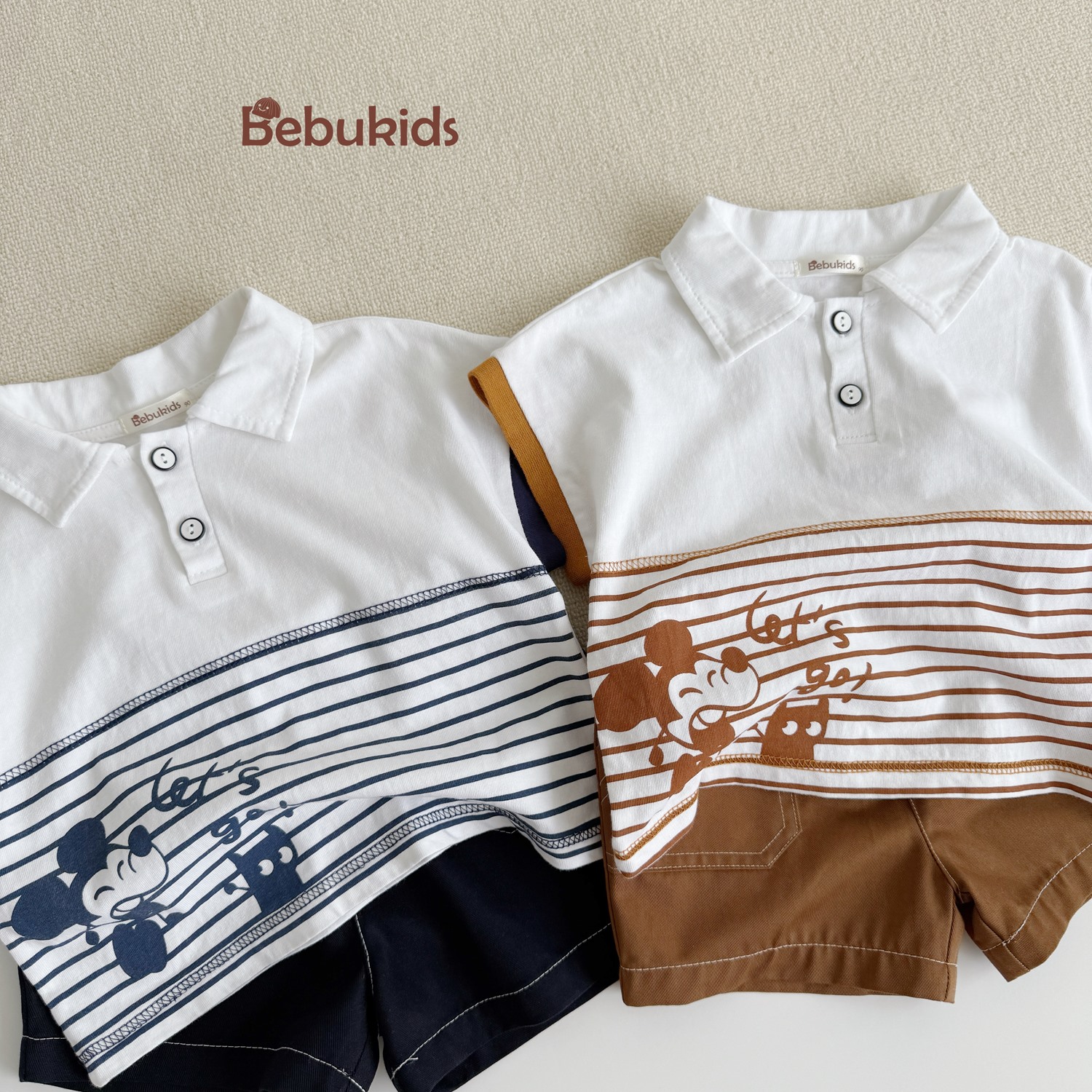 SB2345- bộ polo bé trai phối kẻ thân dưới in chuotọ mickey, let go