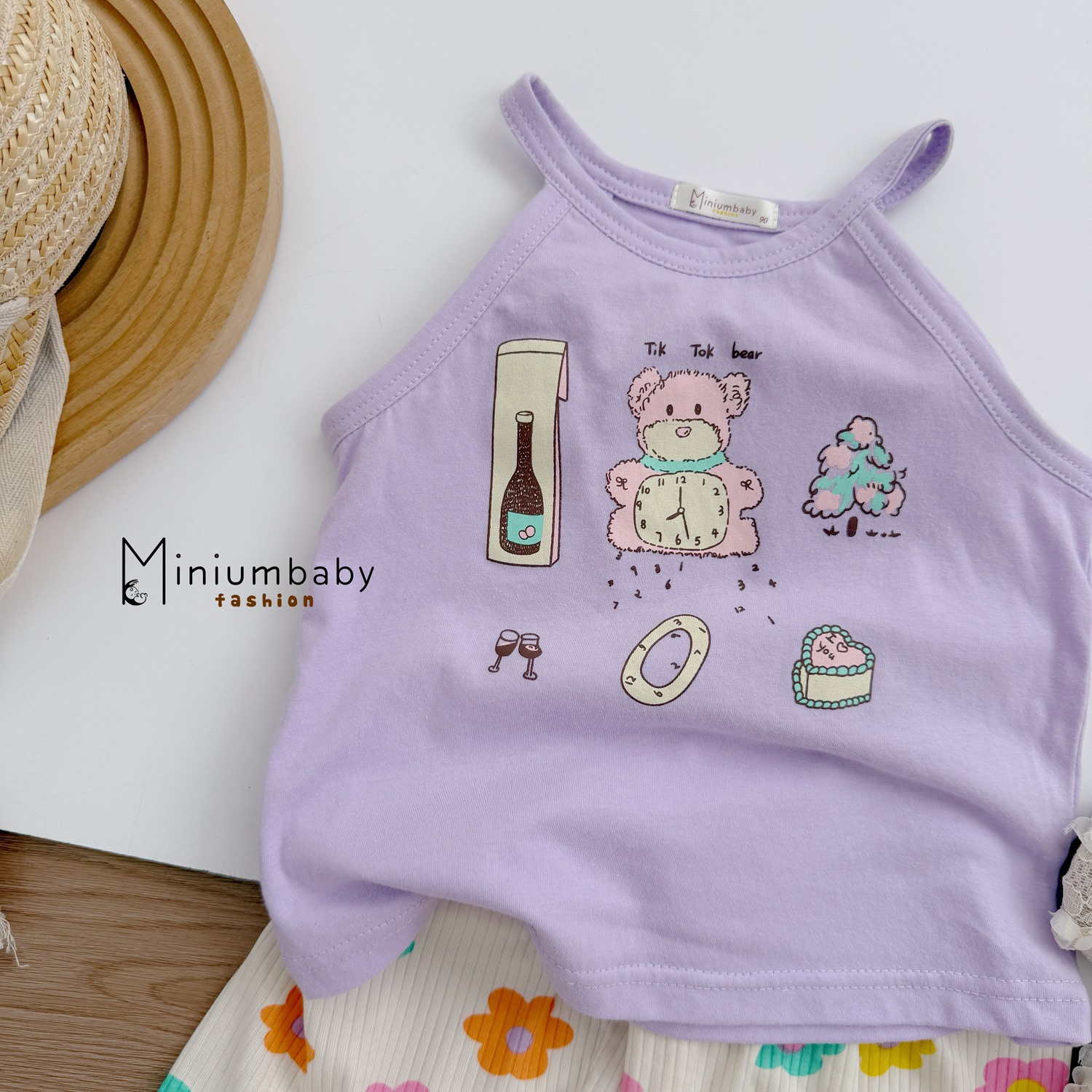 SB2357- bộ cổ yếm quần lửng in gấu đồng hồ, quần tim hoa,...