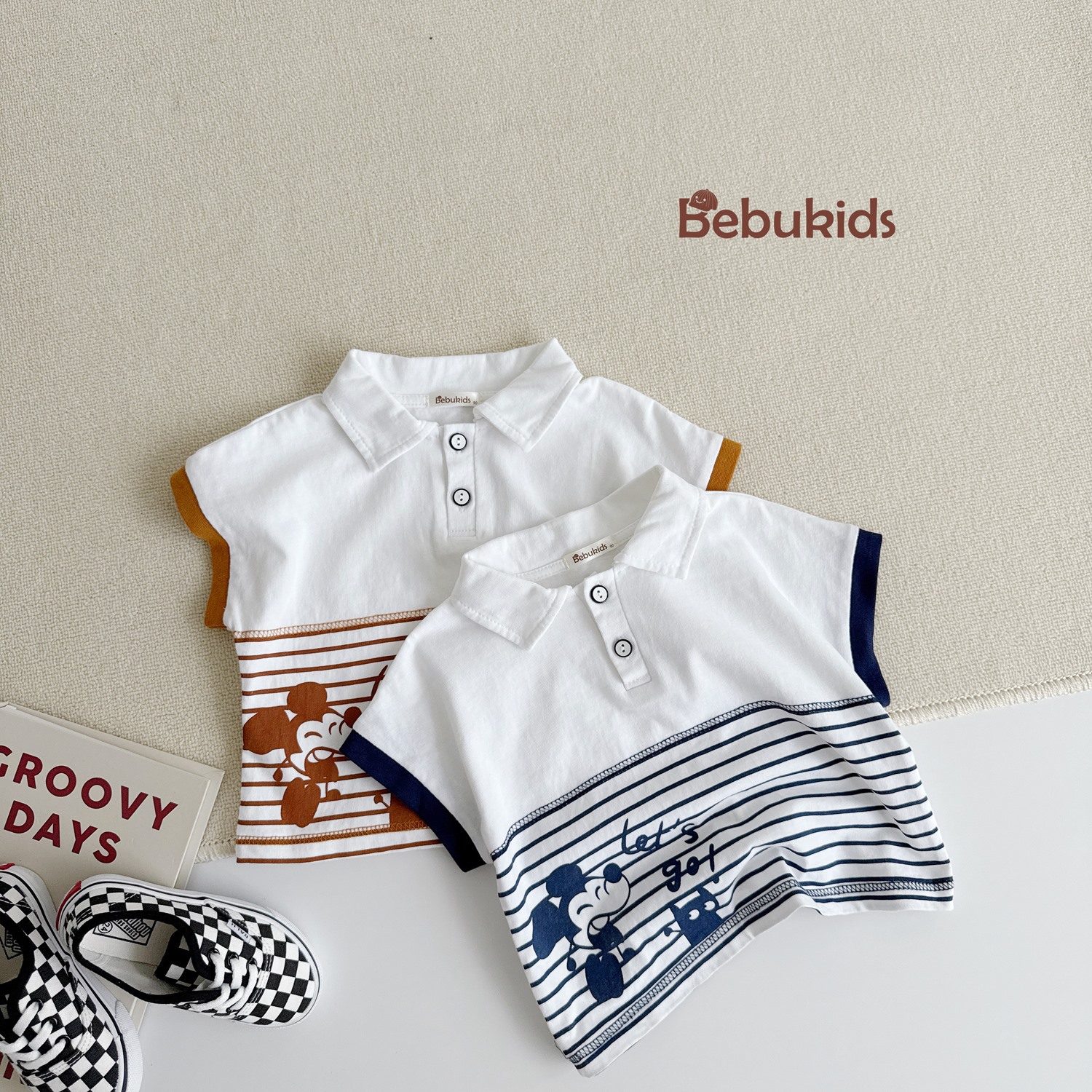 SB2345- bộ polo bé trai phối kẻ thân dưới in chuotọ mickey, let go