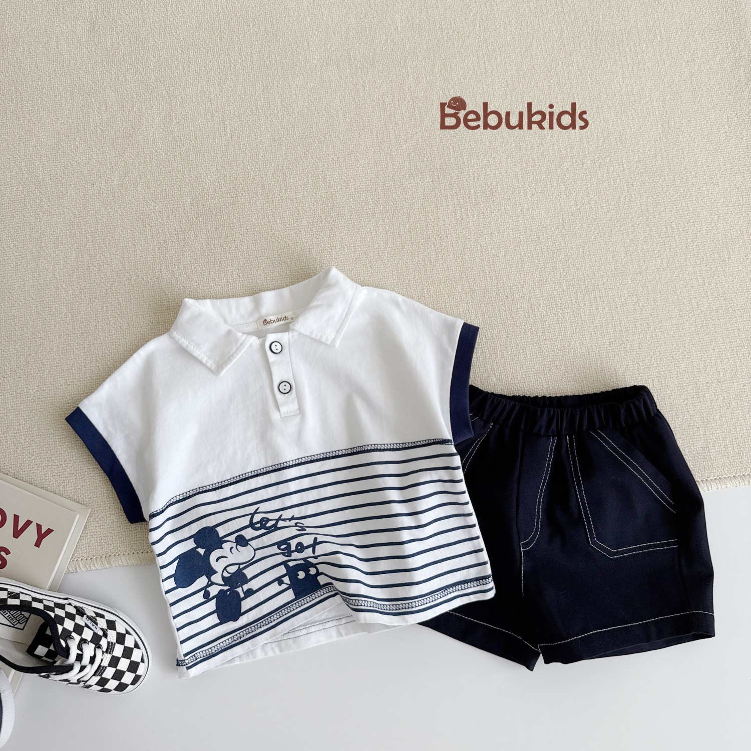 SB2345- bộ polo bé trai phối kẻ thân dưới in chuotọ mickey, let go kẻ xanh