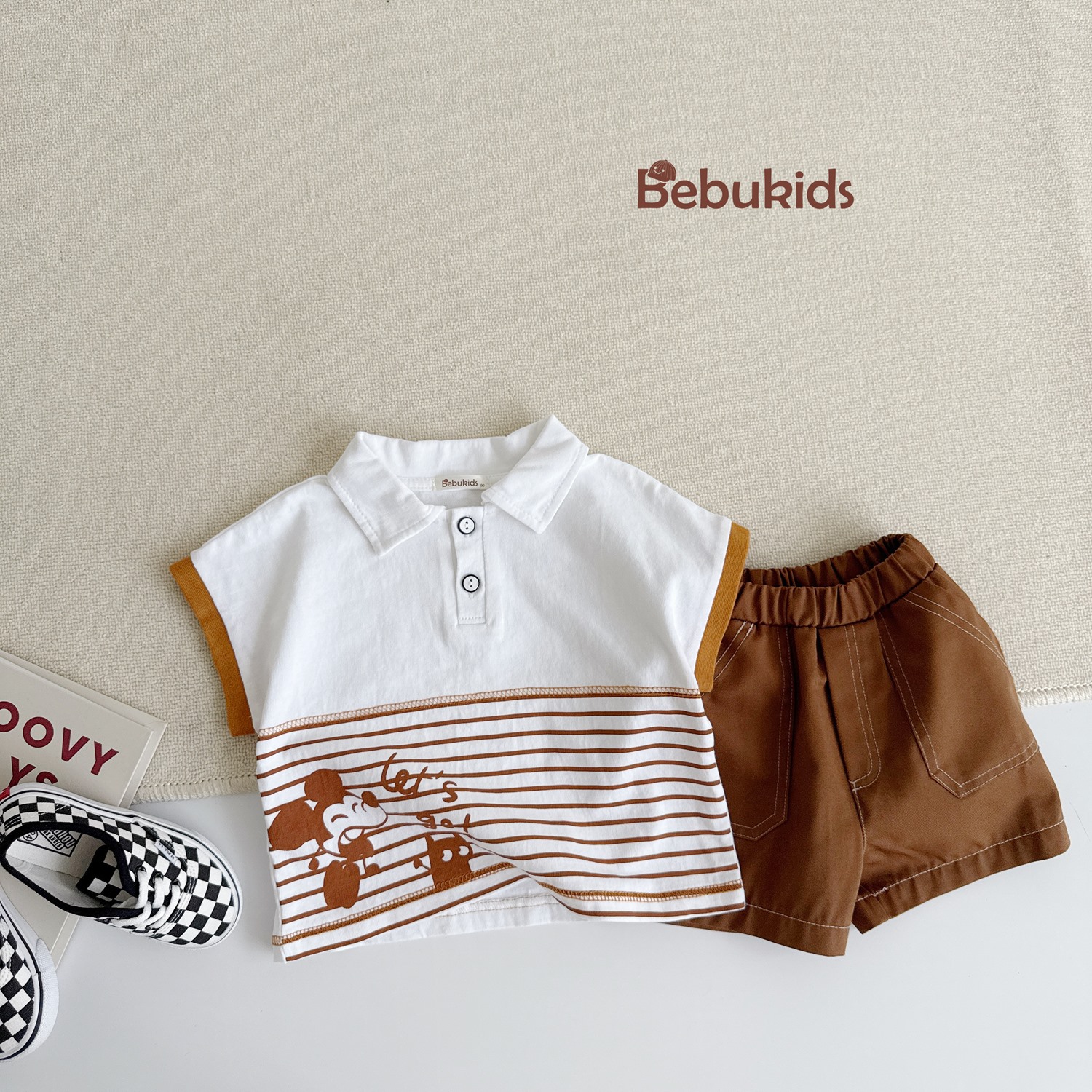SB2345- bộ polo bé trai phối kẻ thân dưới in chuotọ mickey, let go kẻ  nâu