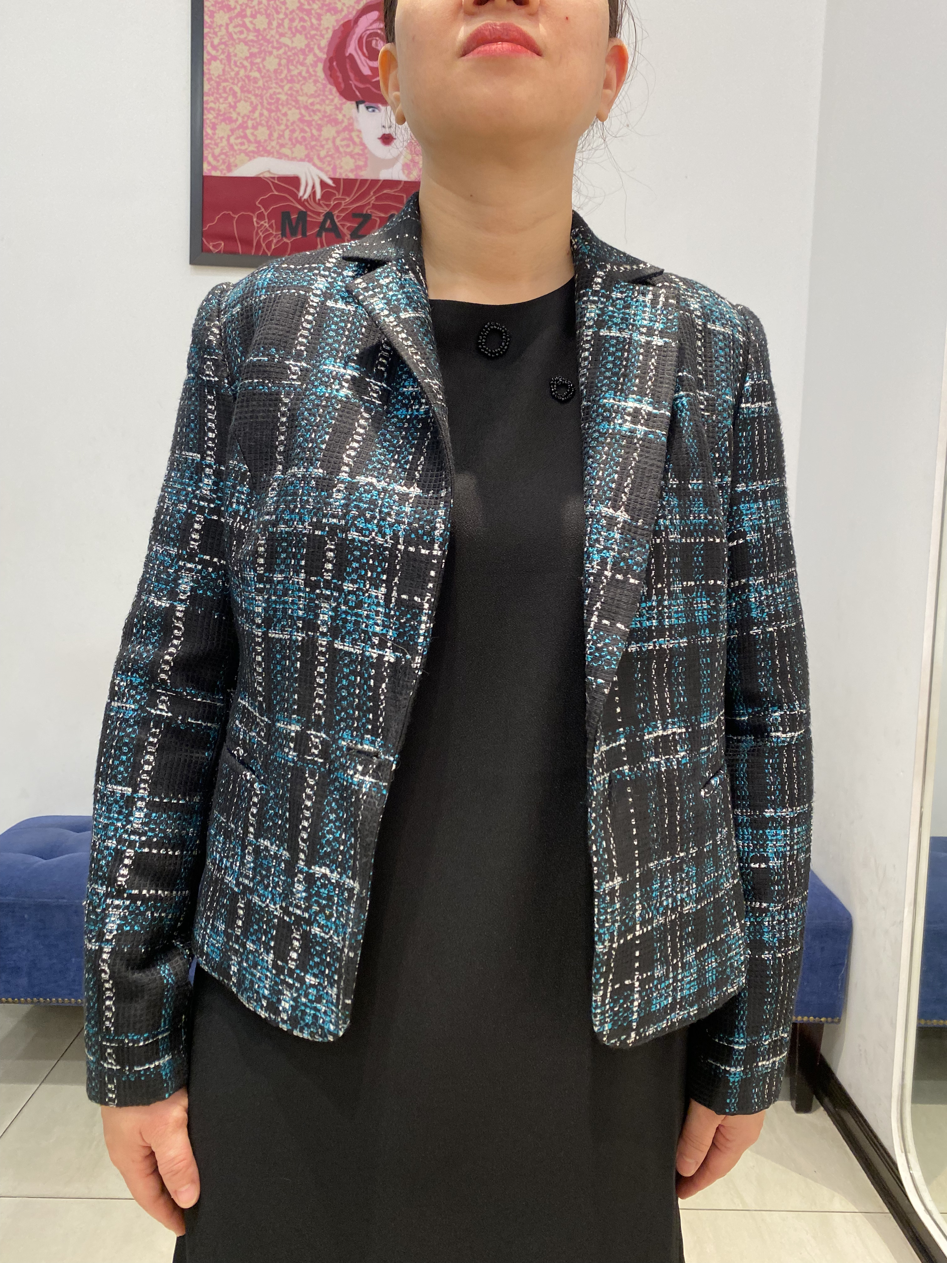 Áo khoác ngắn vải dạ lông cừu xanh kẻ ô