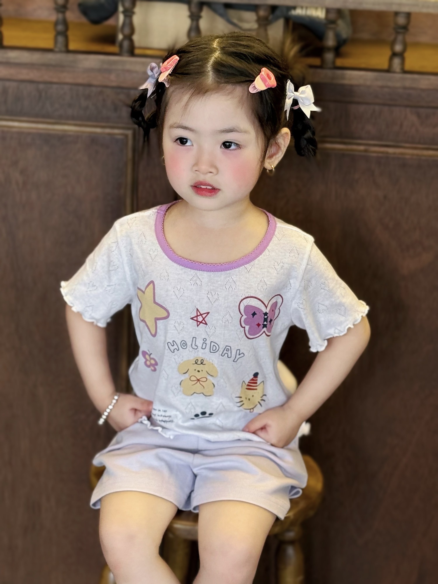 SB2320- bộ cộc tay viền bèo in sao, bướm, cún, holiday