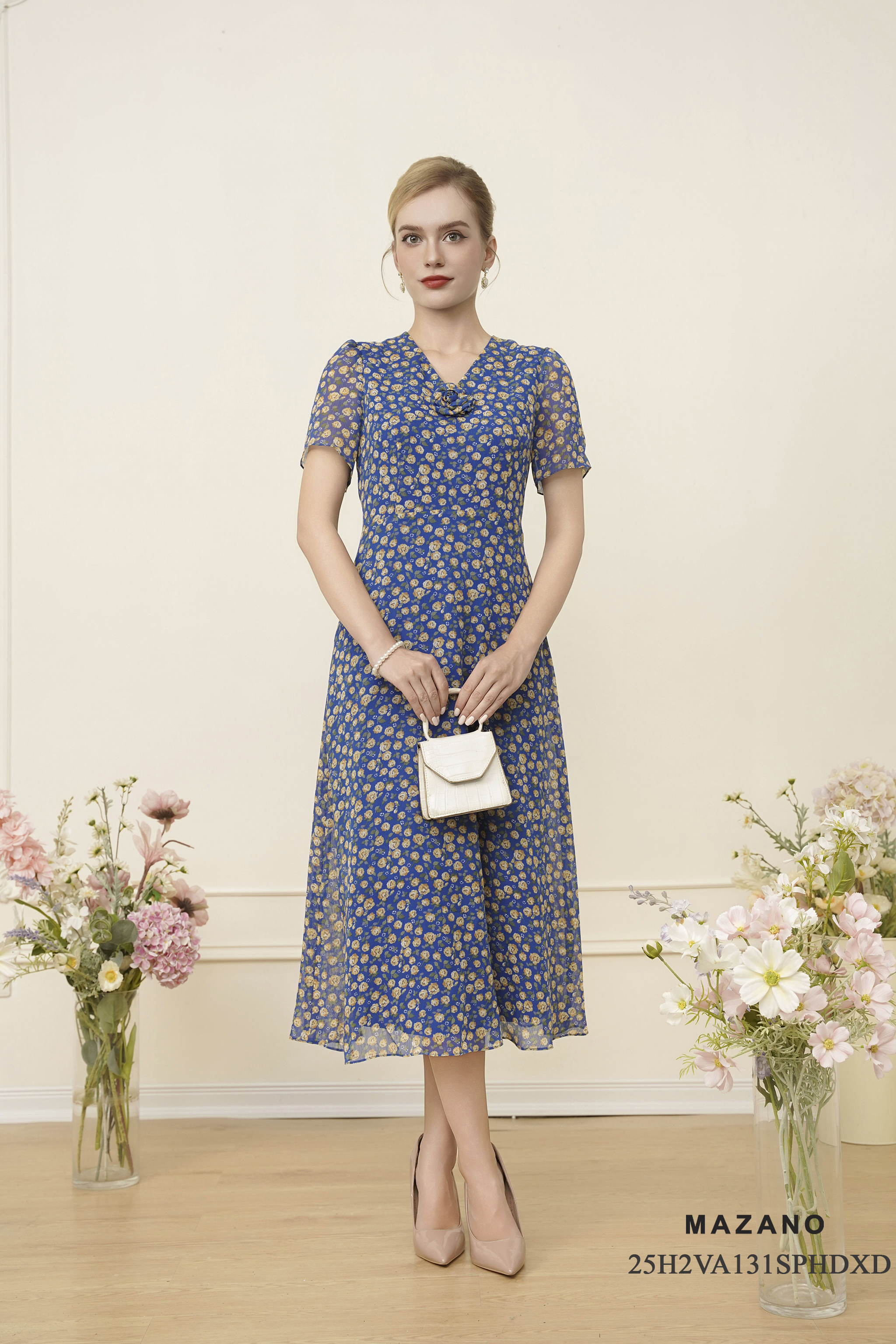 Váy Đầm Ôm Vải chiffon Hoạ tiết hoa nhí Cổ V Trang trí cuốn hoa Tay ngắn Dài đến mắt cá chân