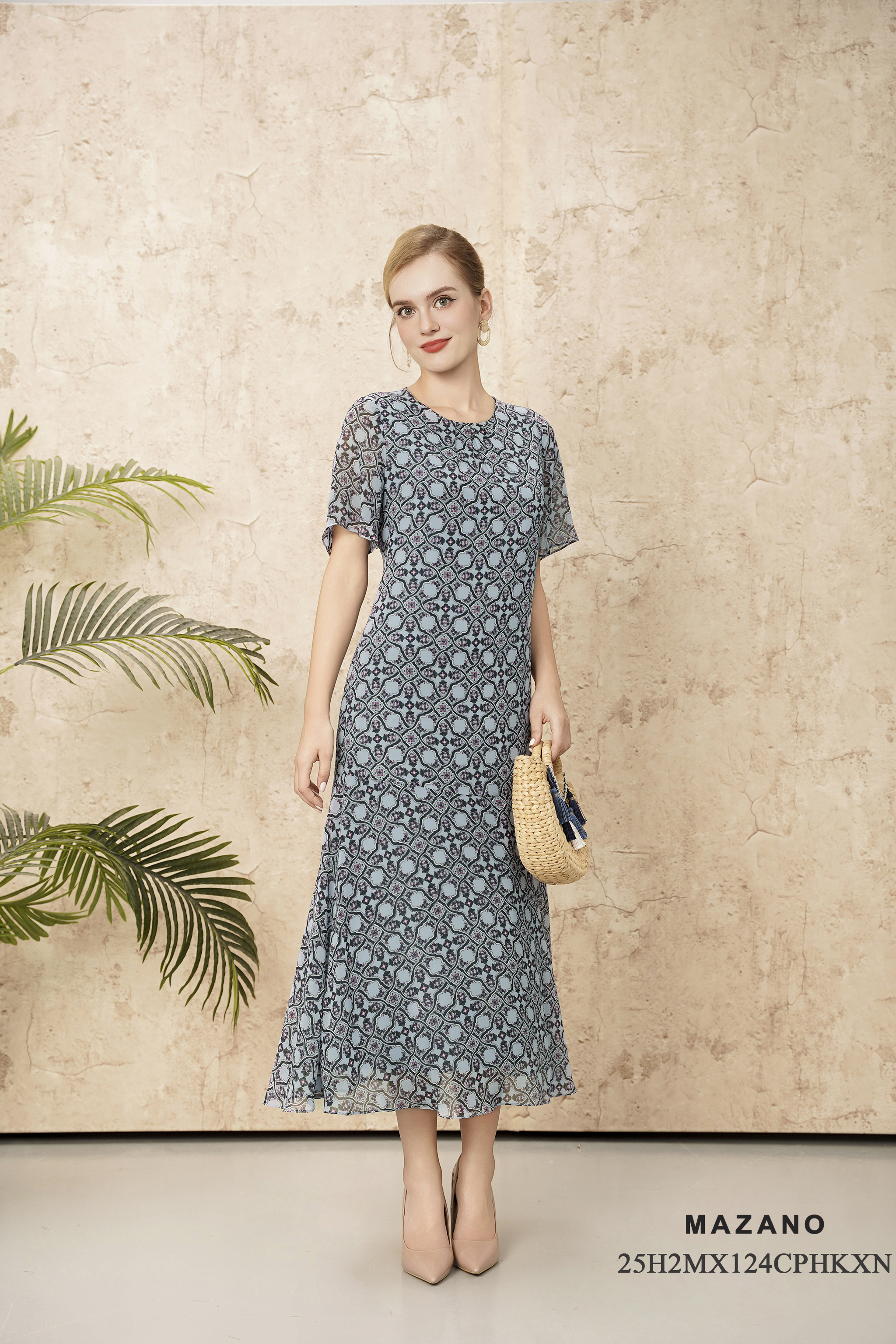 Váy Maxi eo suông vải Voan Cổ tròn Tay ngắn Dài Váy đến mắt cá