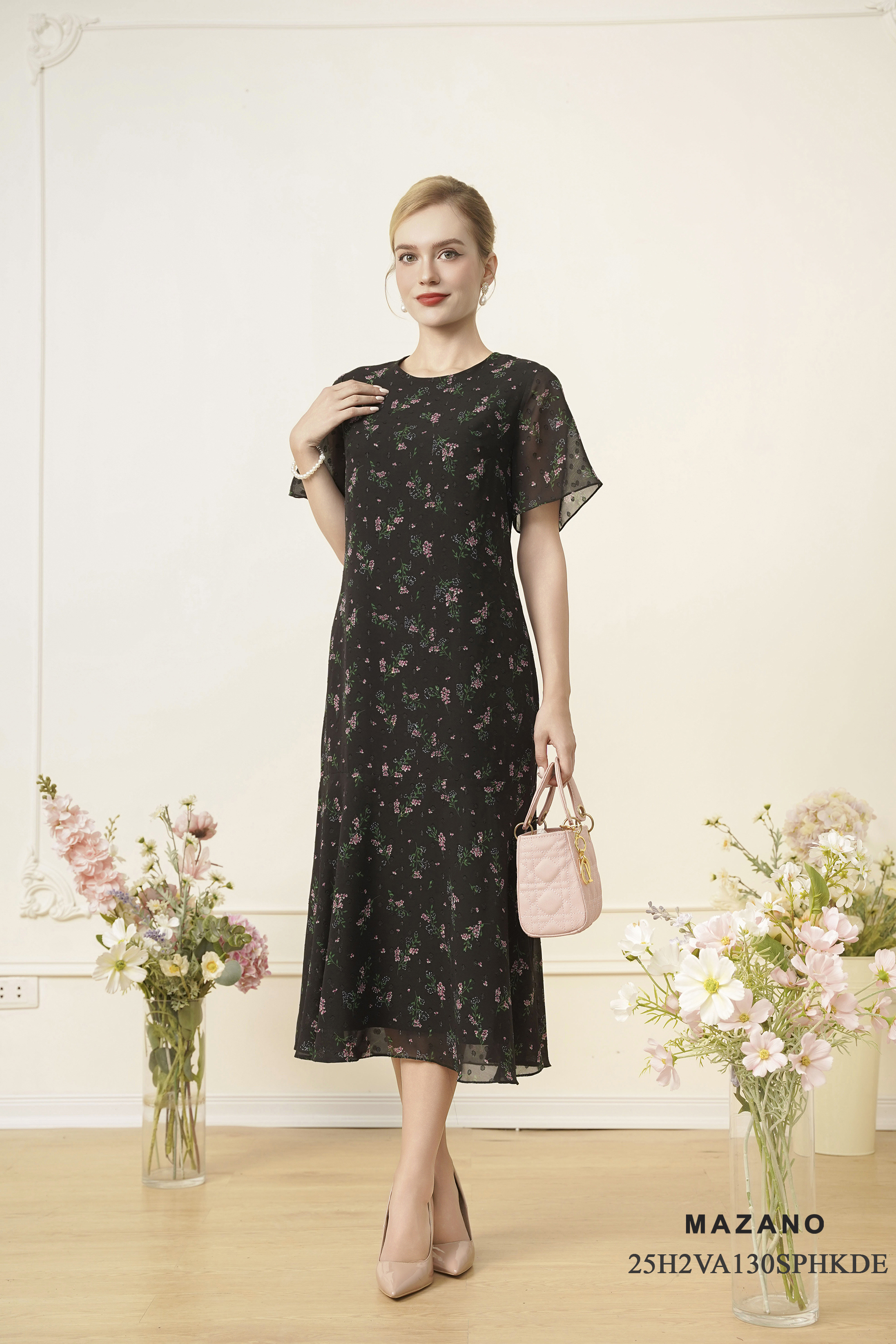 Váy Đầm Suông maxi Vải voan 3D Hoạ tiết hoa cách điệu Cổ tròn Tay ngắn Dài trên mắt cá chân