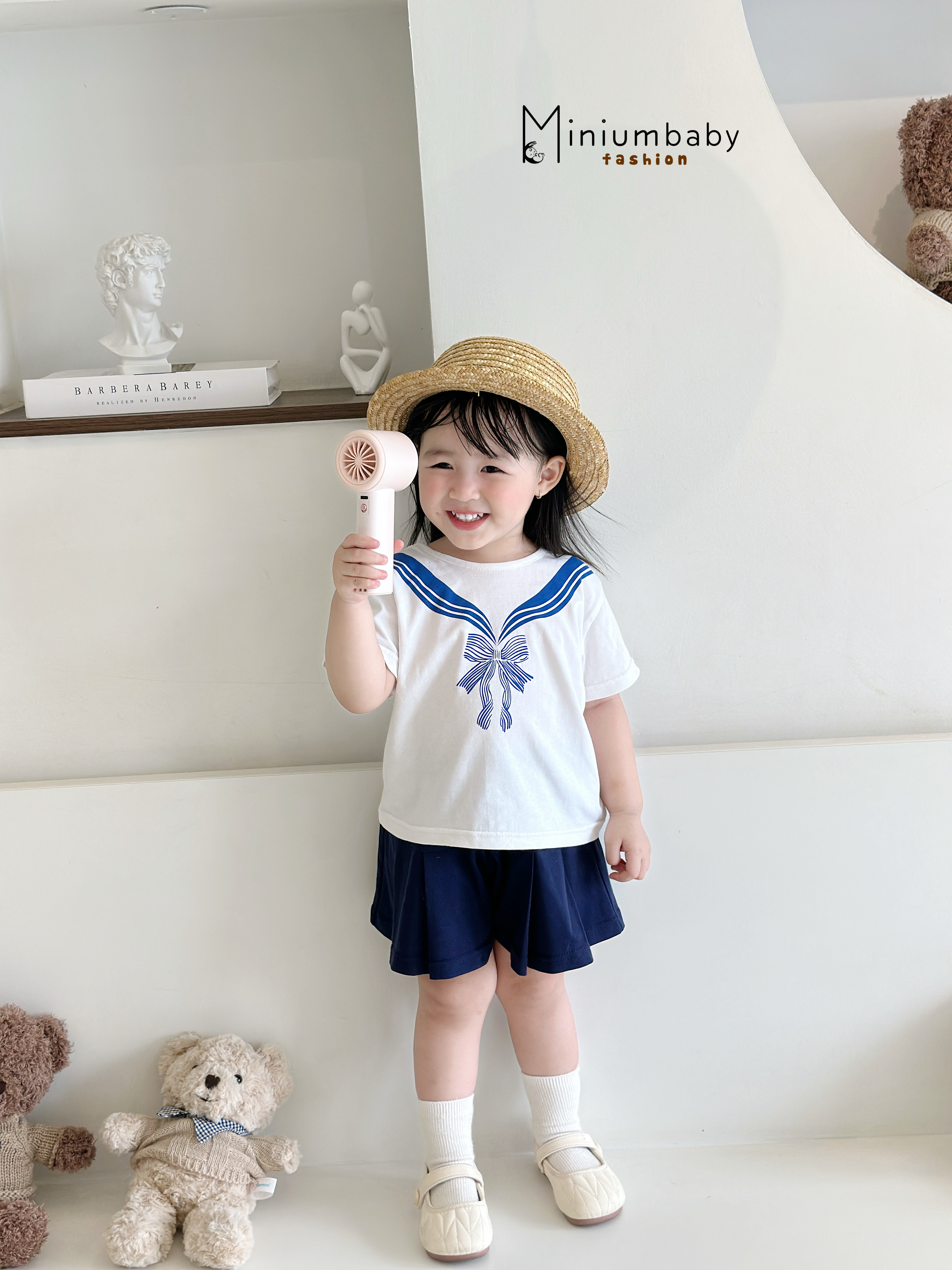 SB2314- bộ cộc tay in cổ thủy thủ nơ phối quần váy