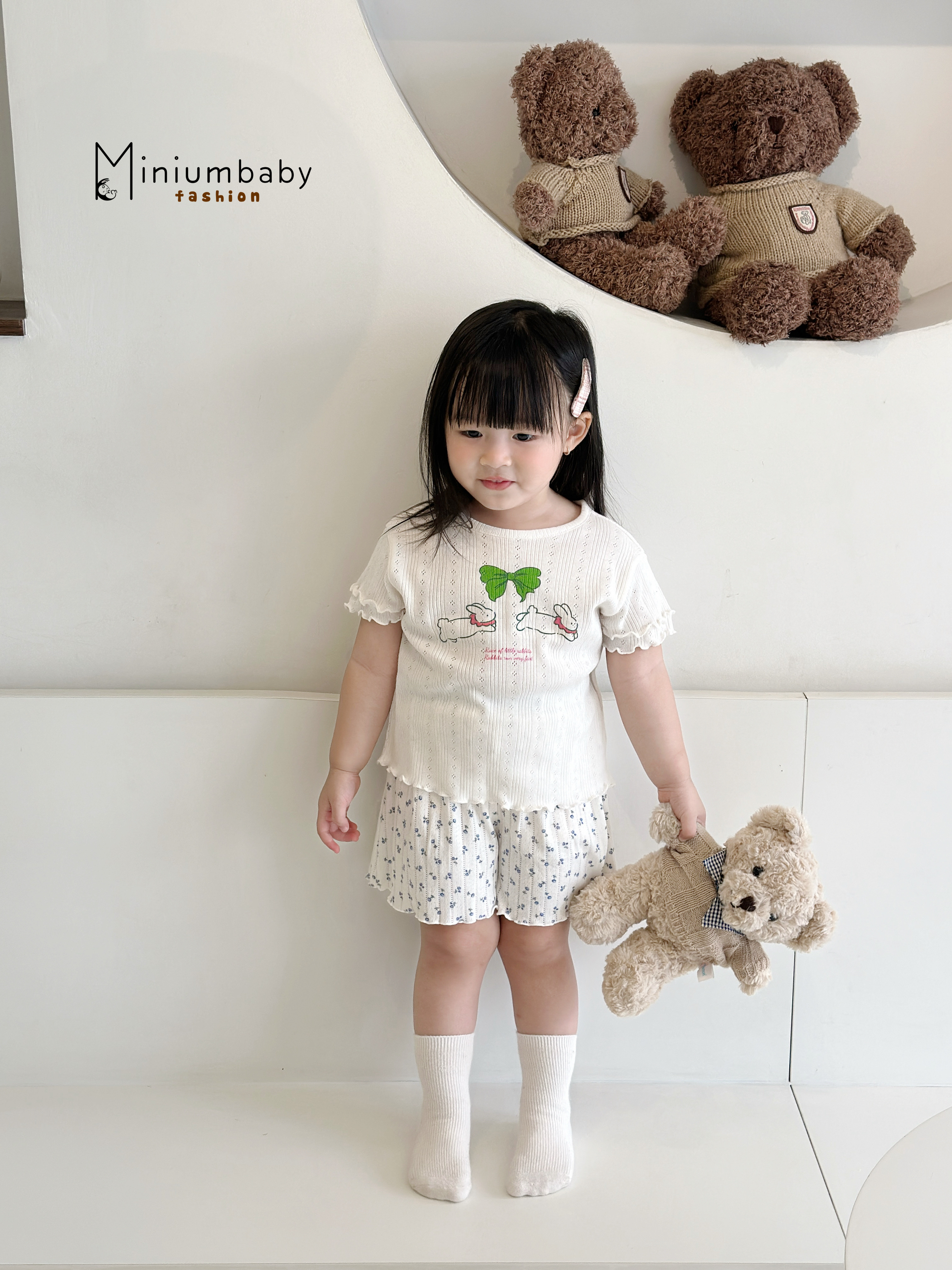 SB2347- bộ cộc tay in nơ thỏ, bèo gấu vạt áo