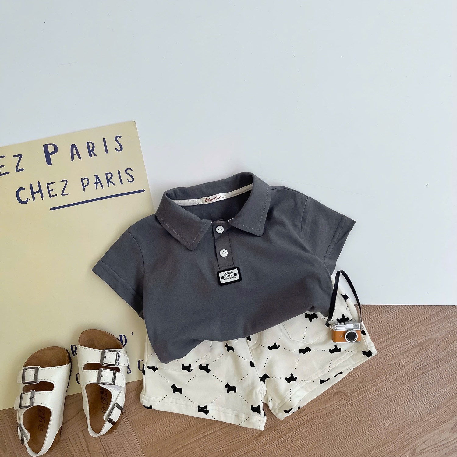 SB2386- bộ polo mix màu bé trai ghi cún