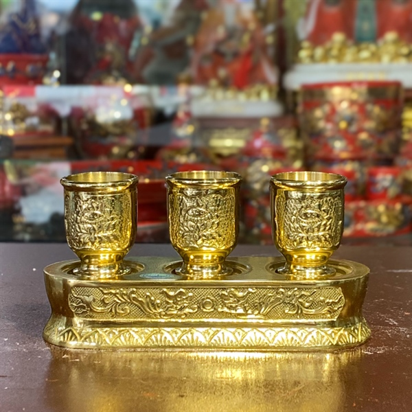 Kỷ/Khay Nước 3 Chén Đồng Vàng