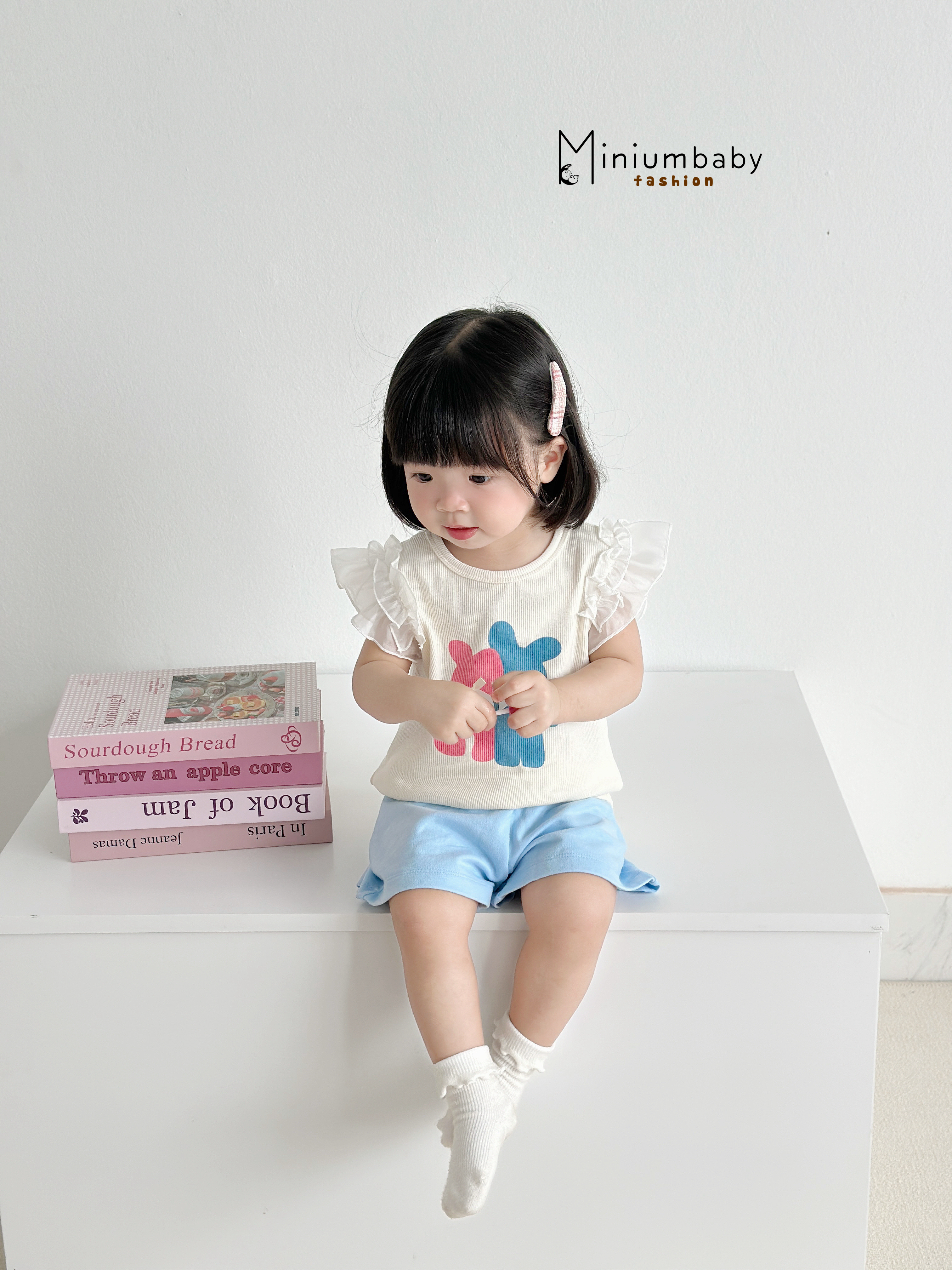 SB2313- bộ cánh tiên bé gái in gấu xanh hồng đính nơ