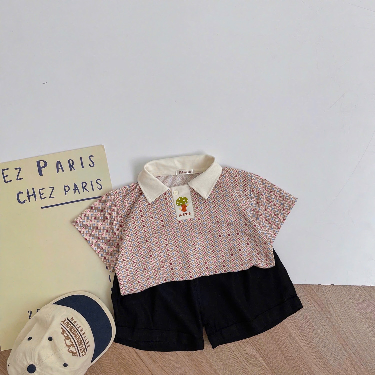 SB2277- bộ polo chấm tròn kẻ phối cổ nẹp, in cây ở nẹp đỏ 1