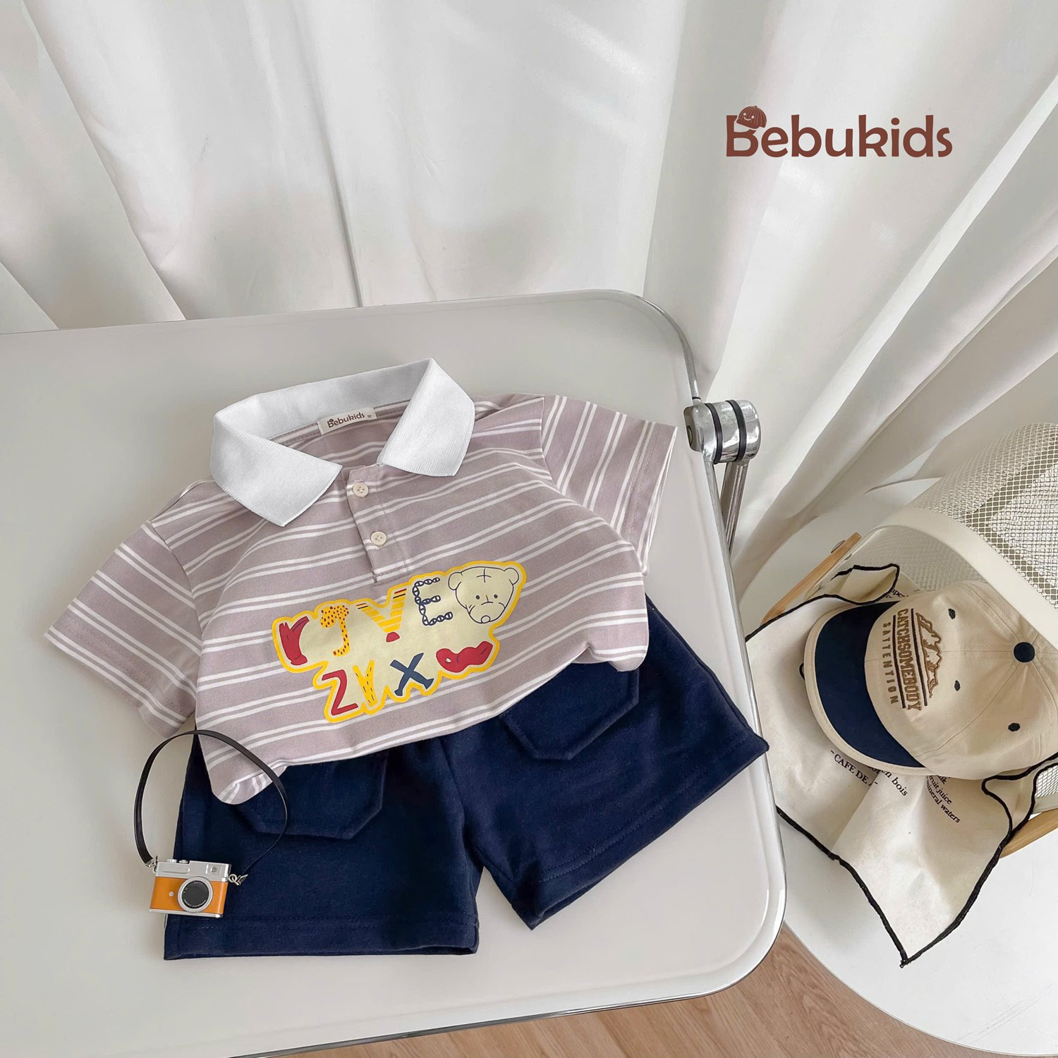 SB2351- bộ polo kẻ ngang  phối cổ in chữ,gấu kẻ tím