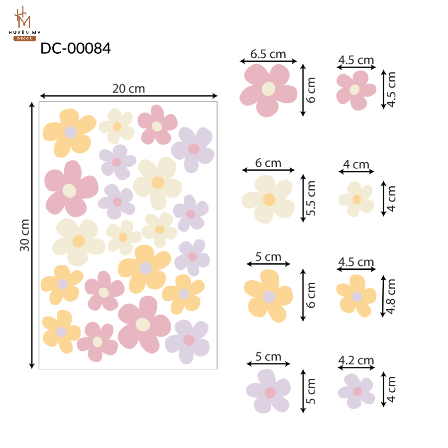 Sticker Decal Dán Tường Hoa Pastel Dễ Thương, Trang Trí Phòng Bé, Góc Học Tập, Tường, Spa