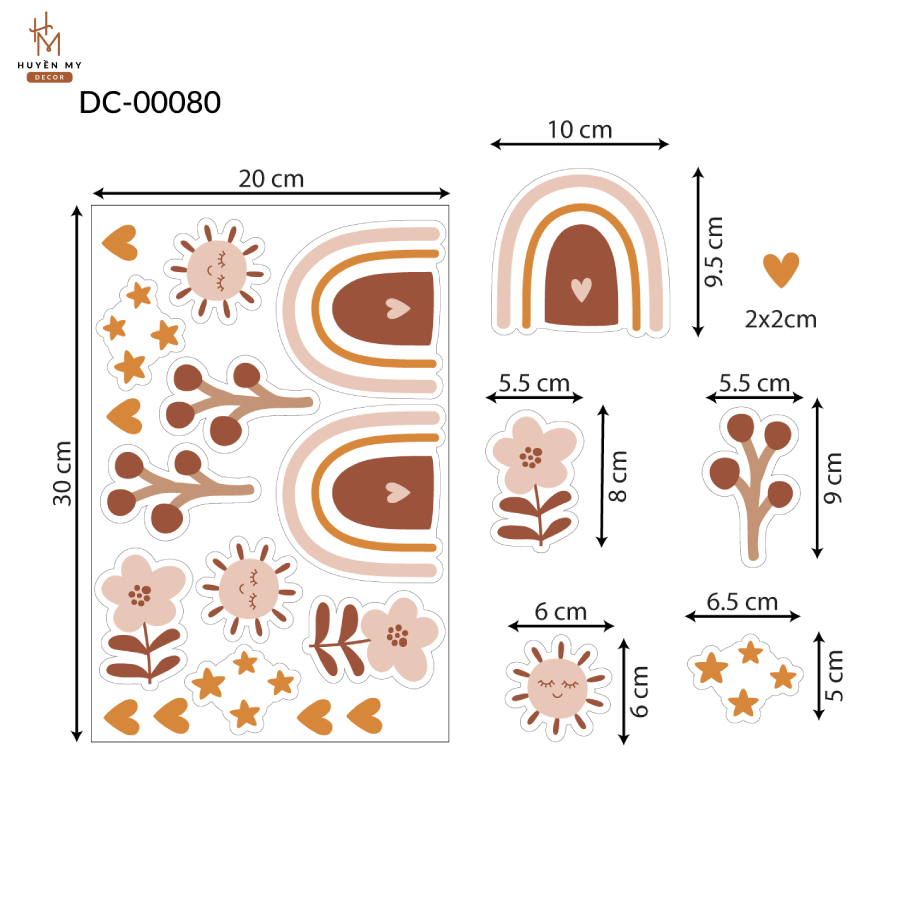 Sticker Dán Tường Cầu Vồng, Hoa Lá Tone Nâu Cam Vintage, Decal Trang Trí Phòng Ngủ, Phòng Bé, Gương - Huyền My Decor